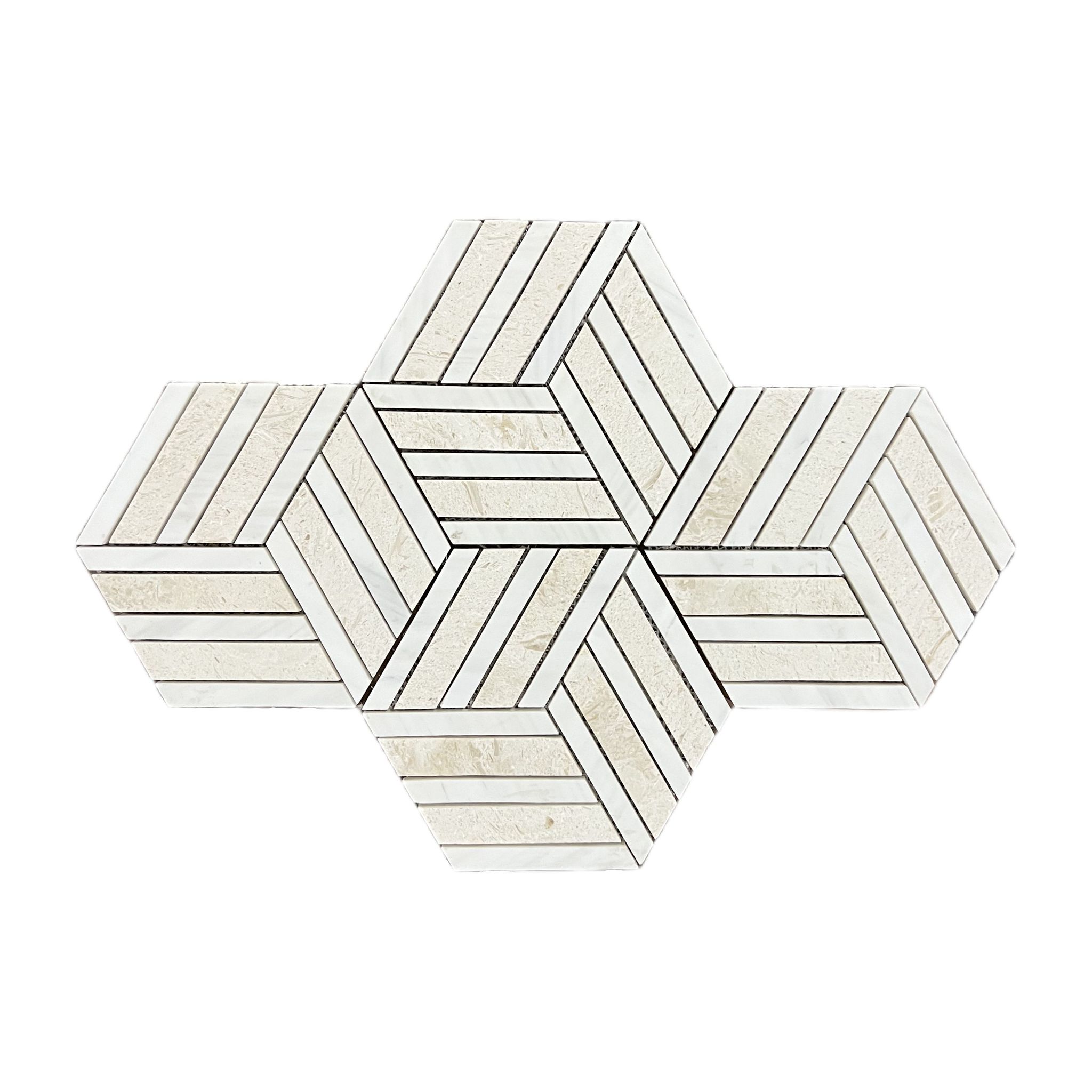 Honed white dolomite and limestone split hexagon mosaic tile with cubic illusion