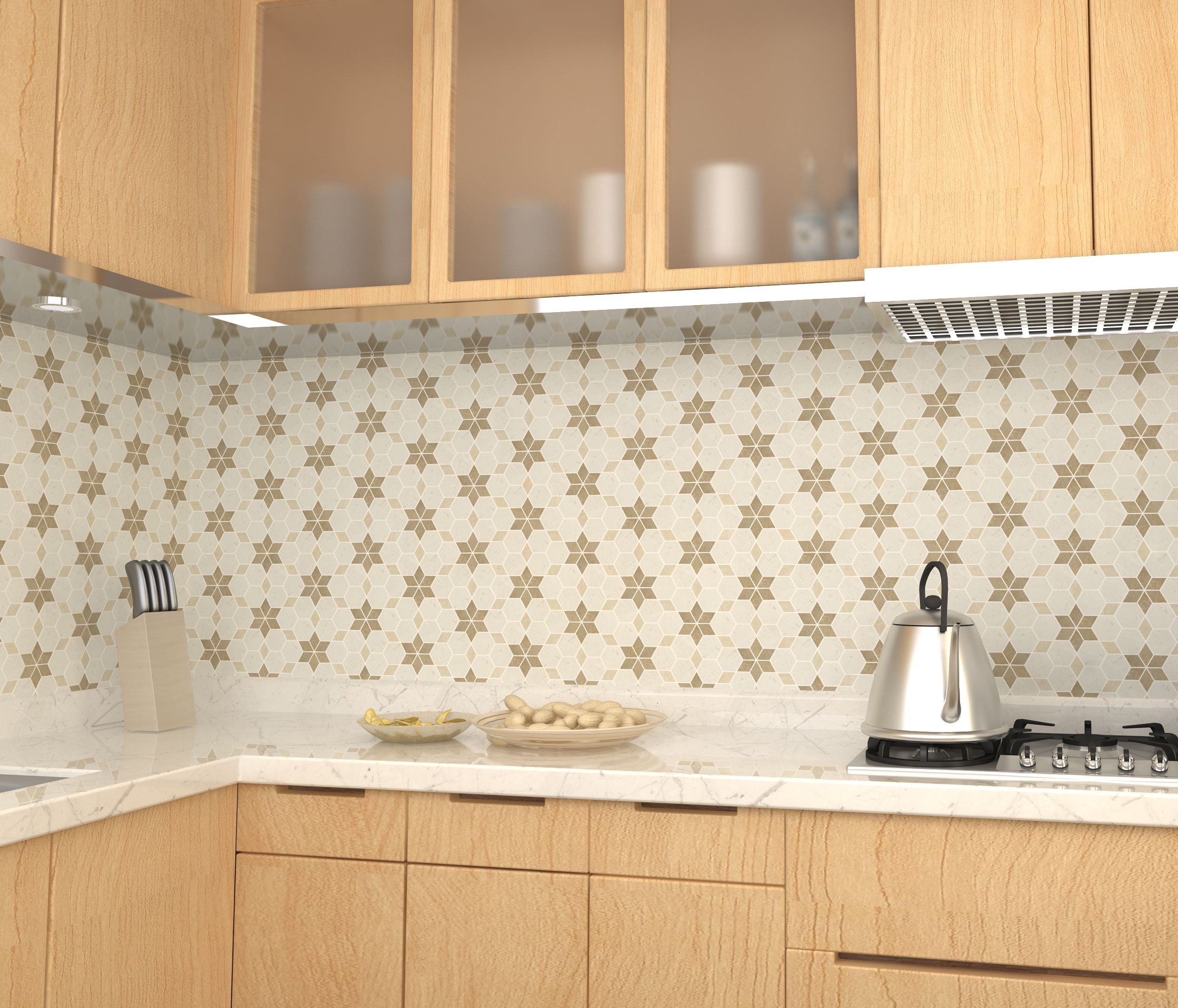 Honed Shellstone and mix travertine Starline mosaic tile with ochre six-point stars thumbnail 2