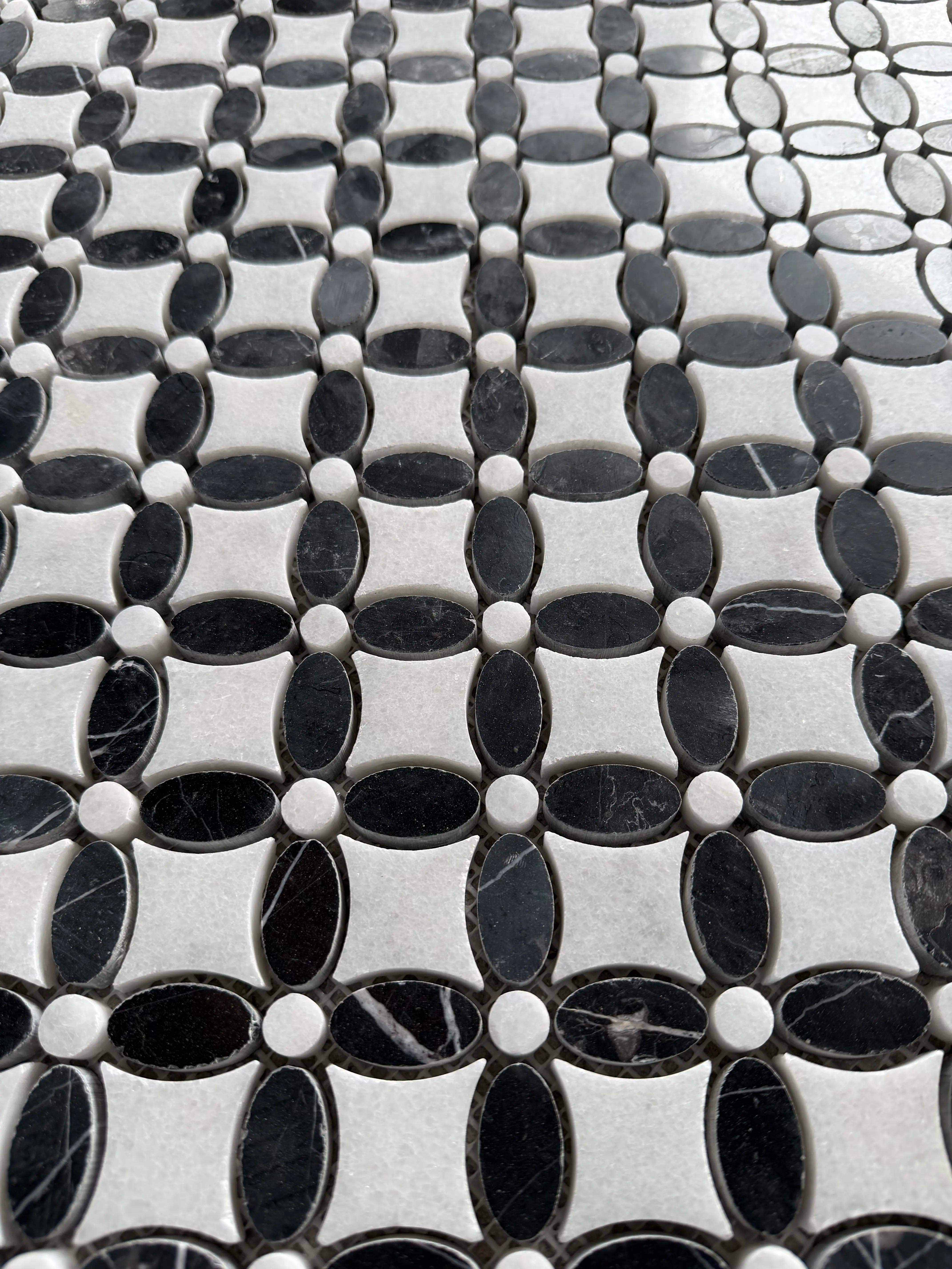 Polished Carrara white and Nero Marquina marble flower mosaic tile in black and white thumbnail 4