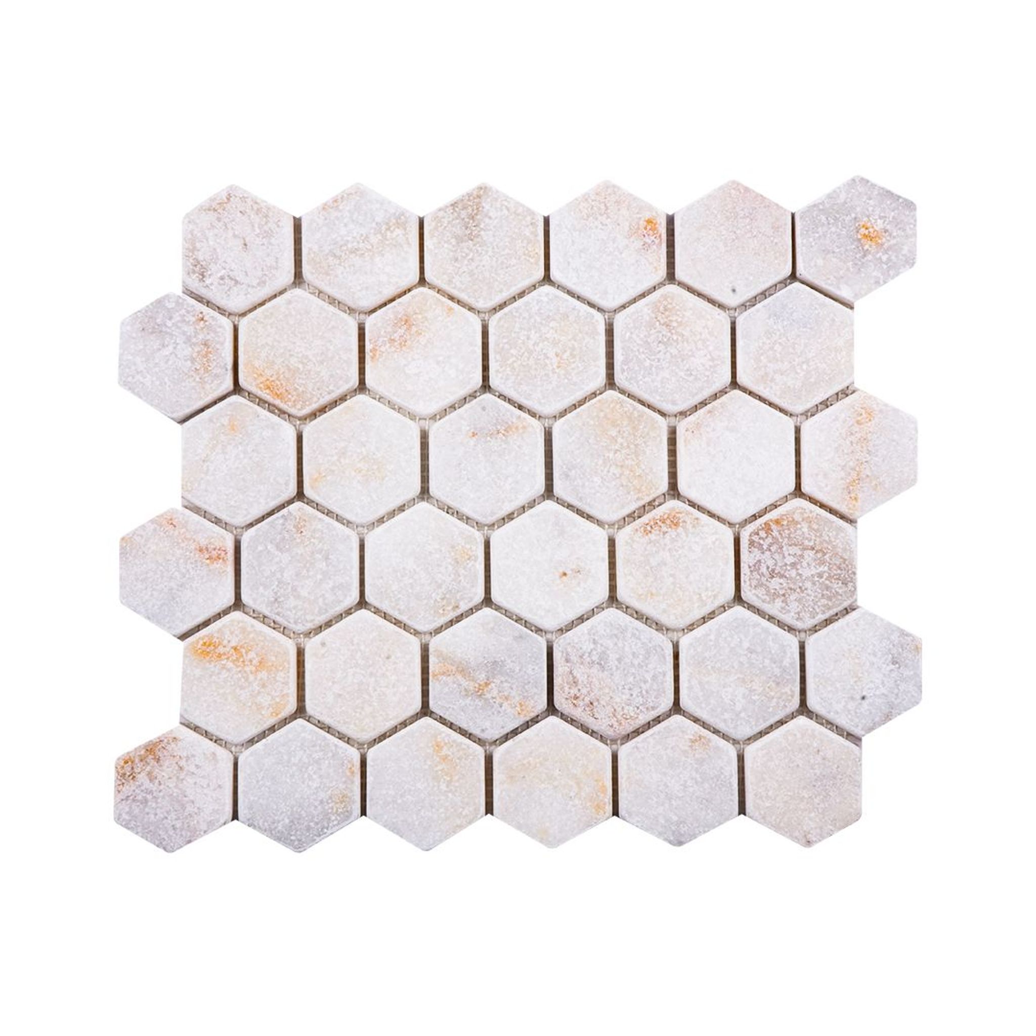 Tumbled Calacatta Sugar marble two-inch hexagon mosaic tile in amber, ochre and gold