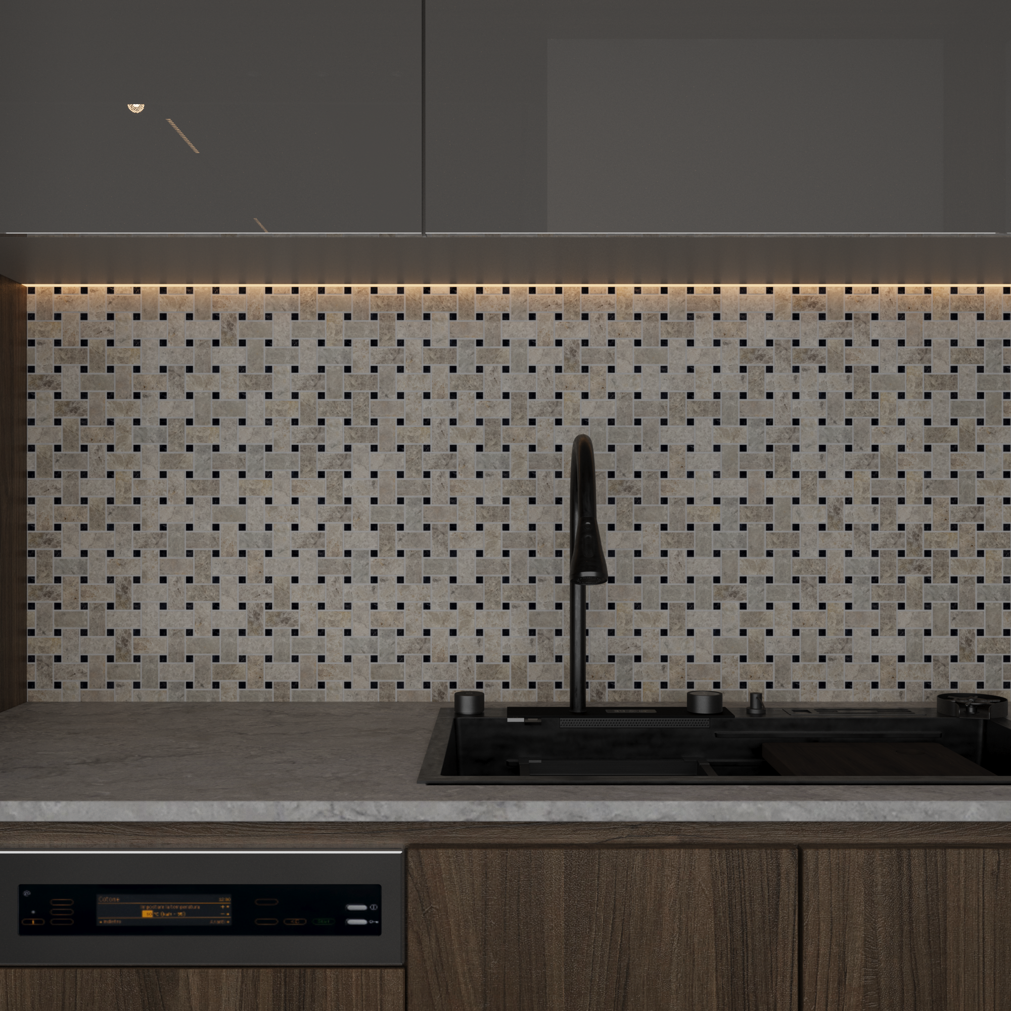 Polished Silver Shadow marble basket-weave mosaic tile in silver and dove grey with dark dots thumbnail 2