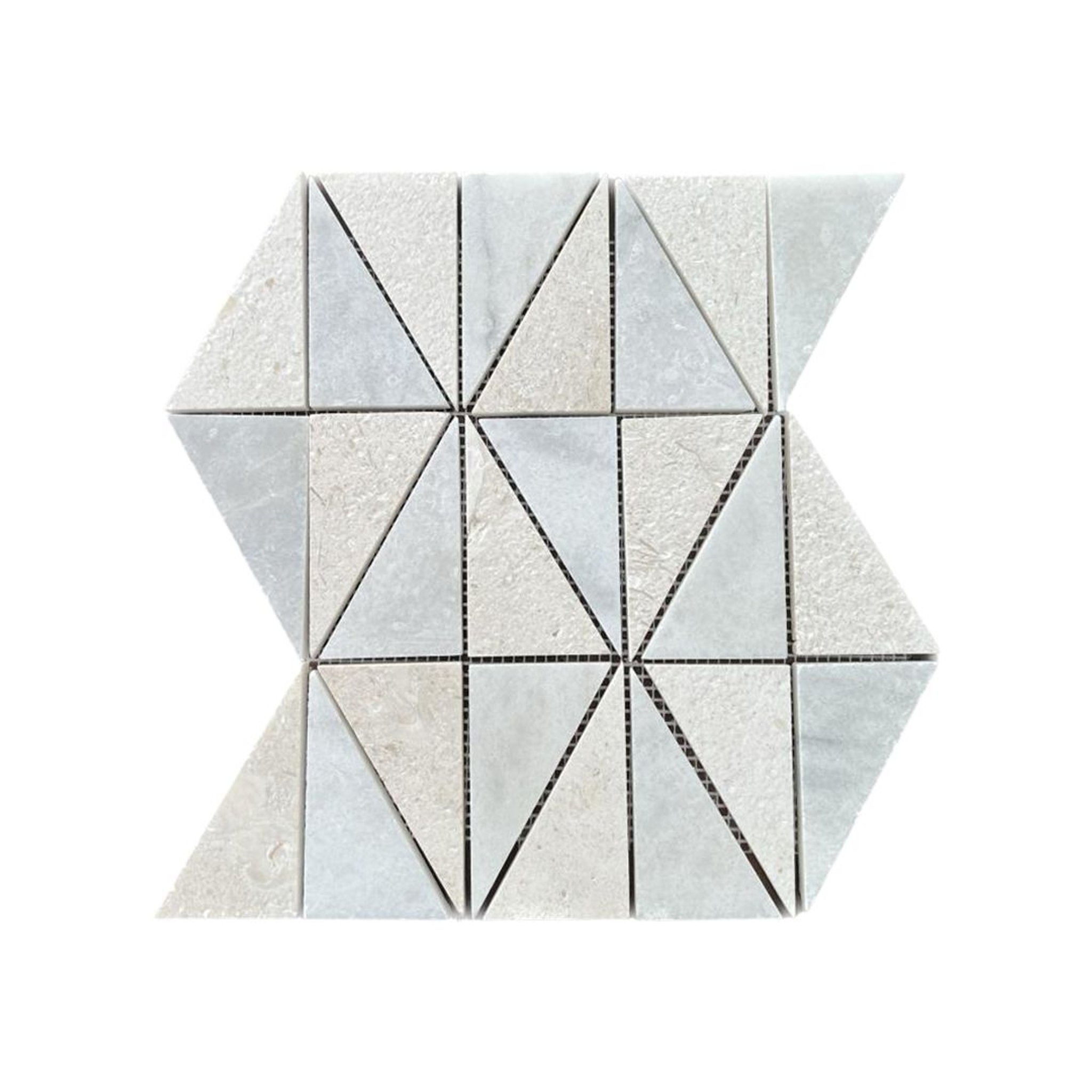 Brushed Shellstone limestone and honed Carrara white marble triangle mosaic tile