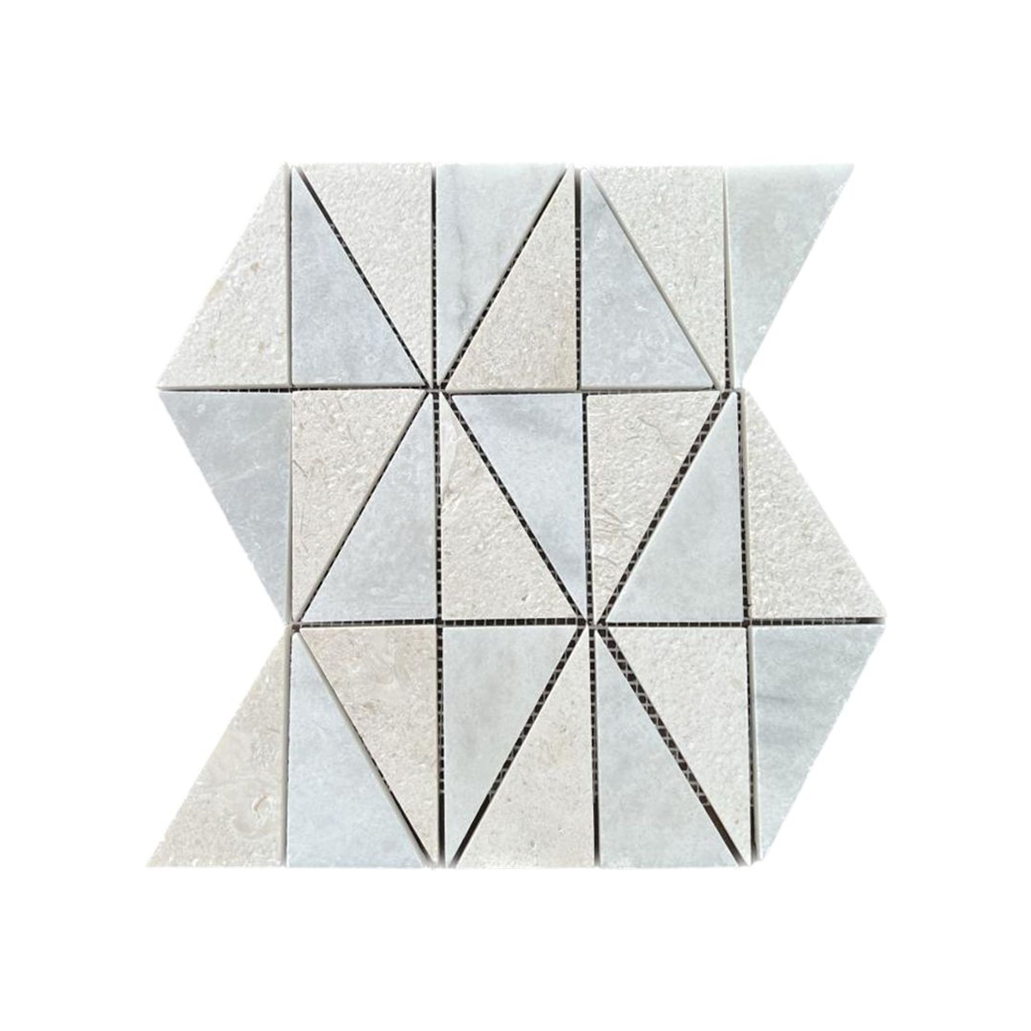Brushed Shellstone limestone and honed Carrara white marble triangle mosaic tile
