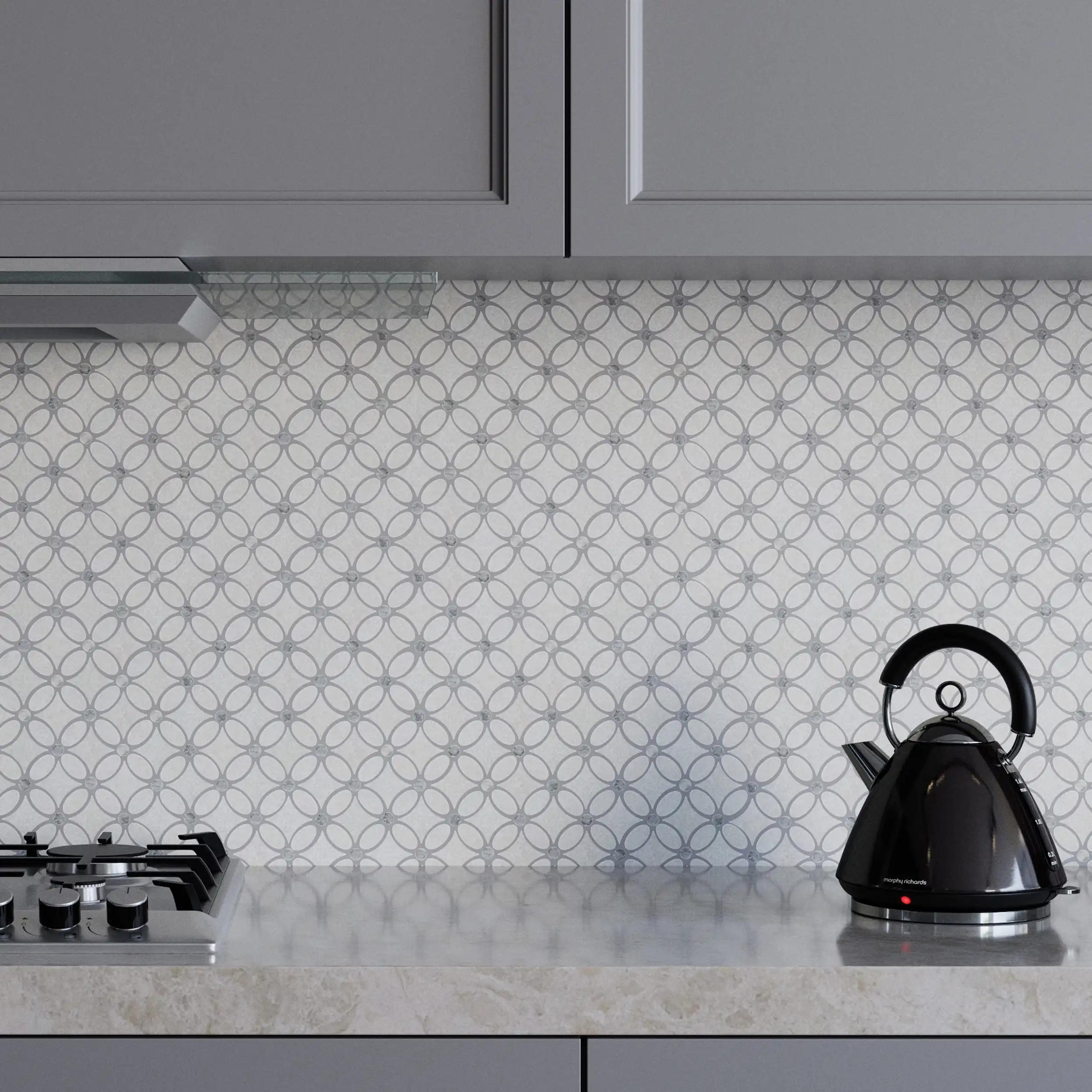 Tumbled Carrara white and platinum grey marble flower mosaic tile with grey cabochons
