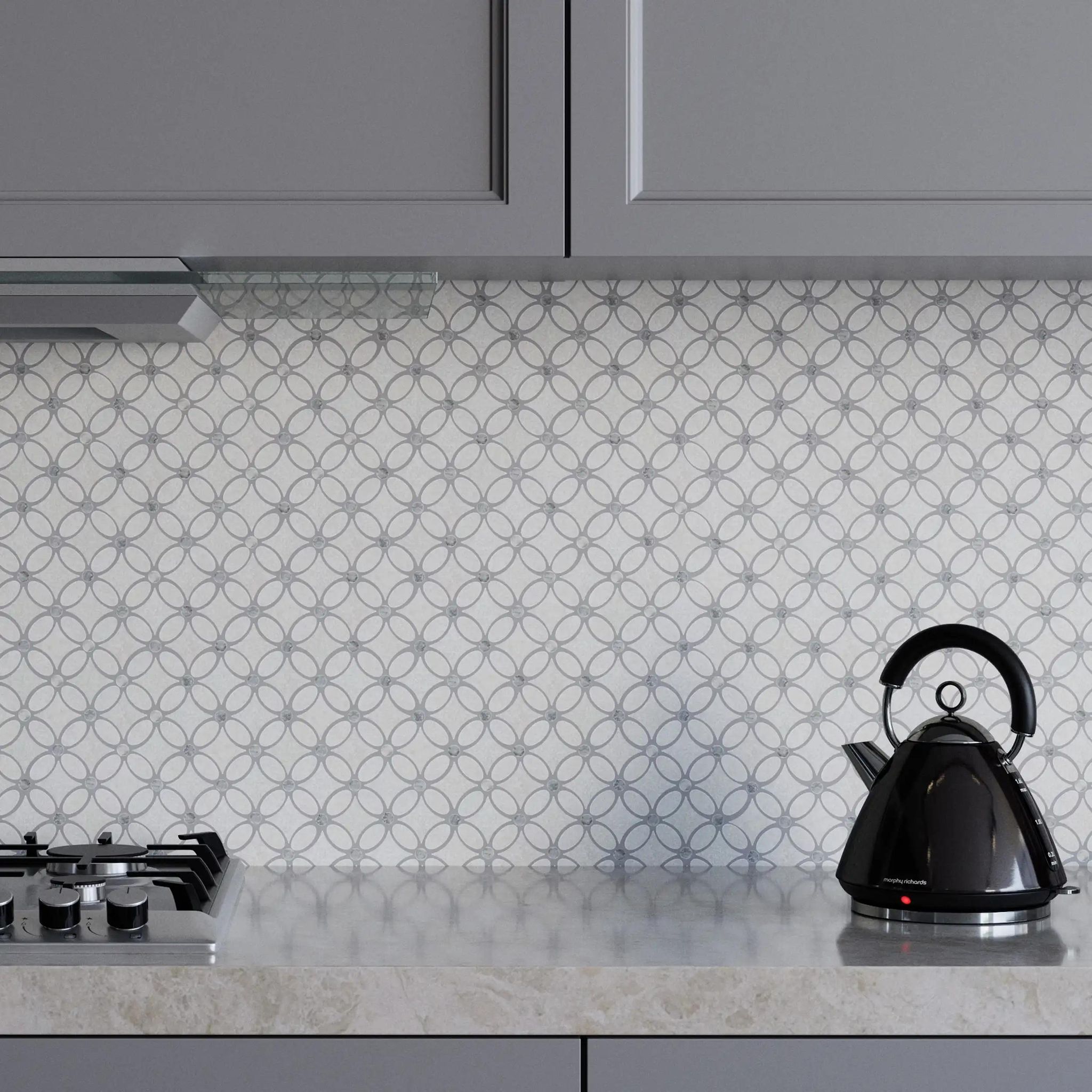 Tumbled Carrara white and platinum grey marble flower mosaic tile with grey cabochons