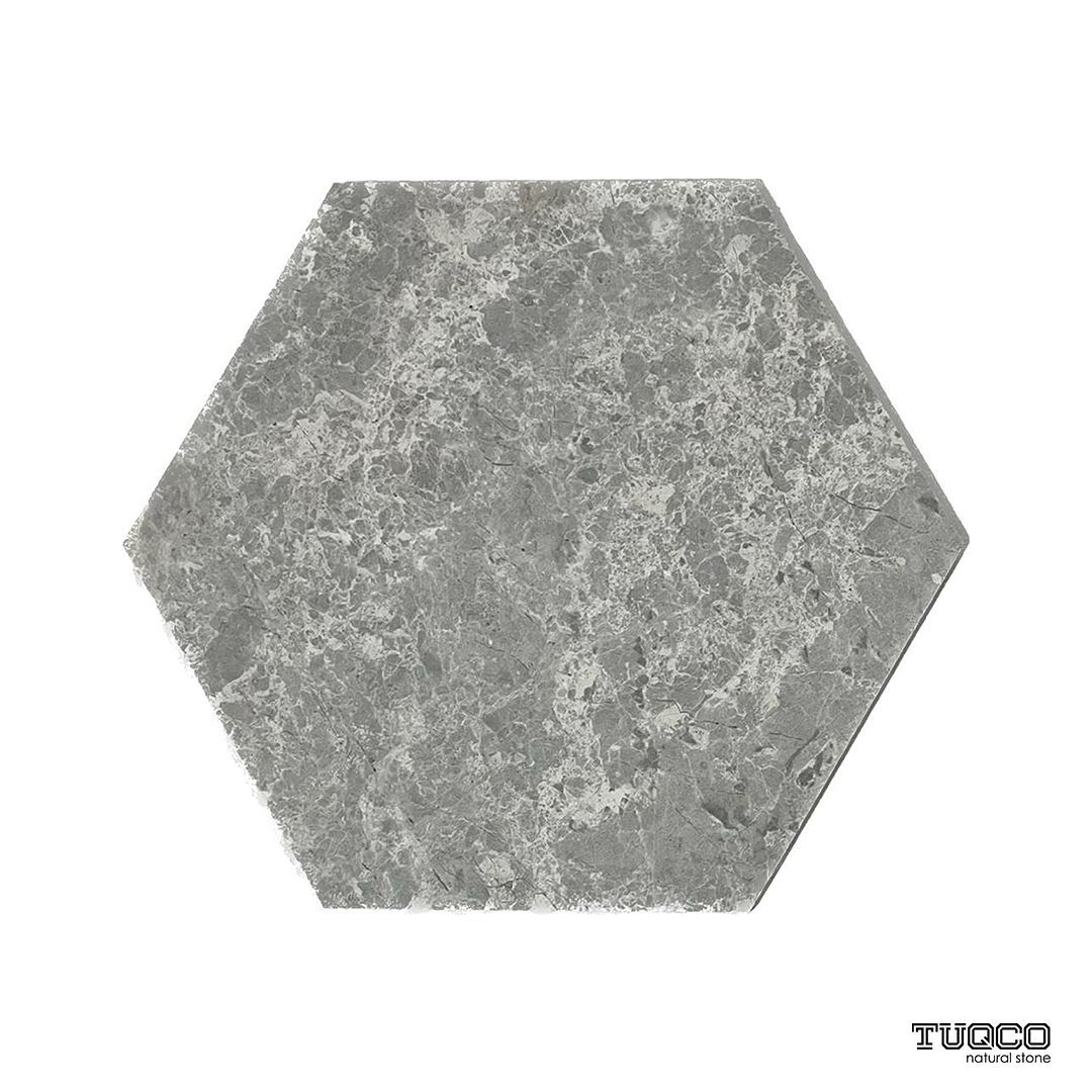 Honed Silver Shadow marble hexagon tile in storm grey with spiderweb calcite veining