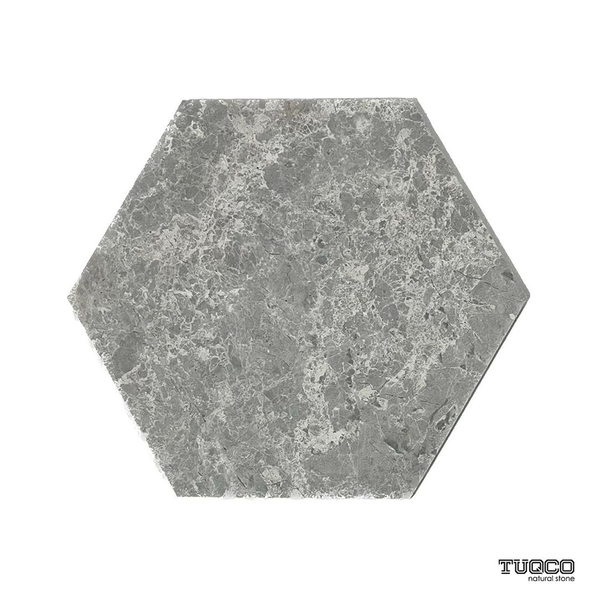 Honed Silver Shadow marble hexagon tile in storm grey with spiderweb calcite veining
