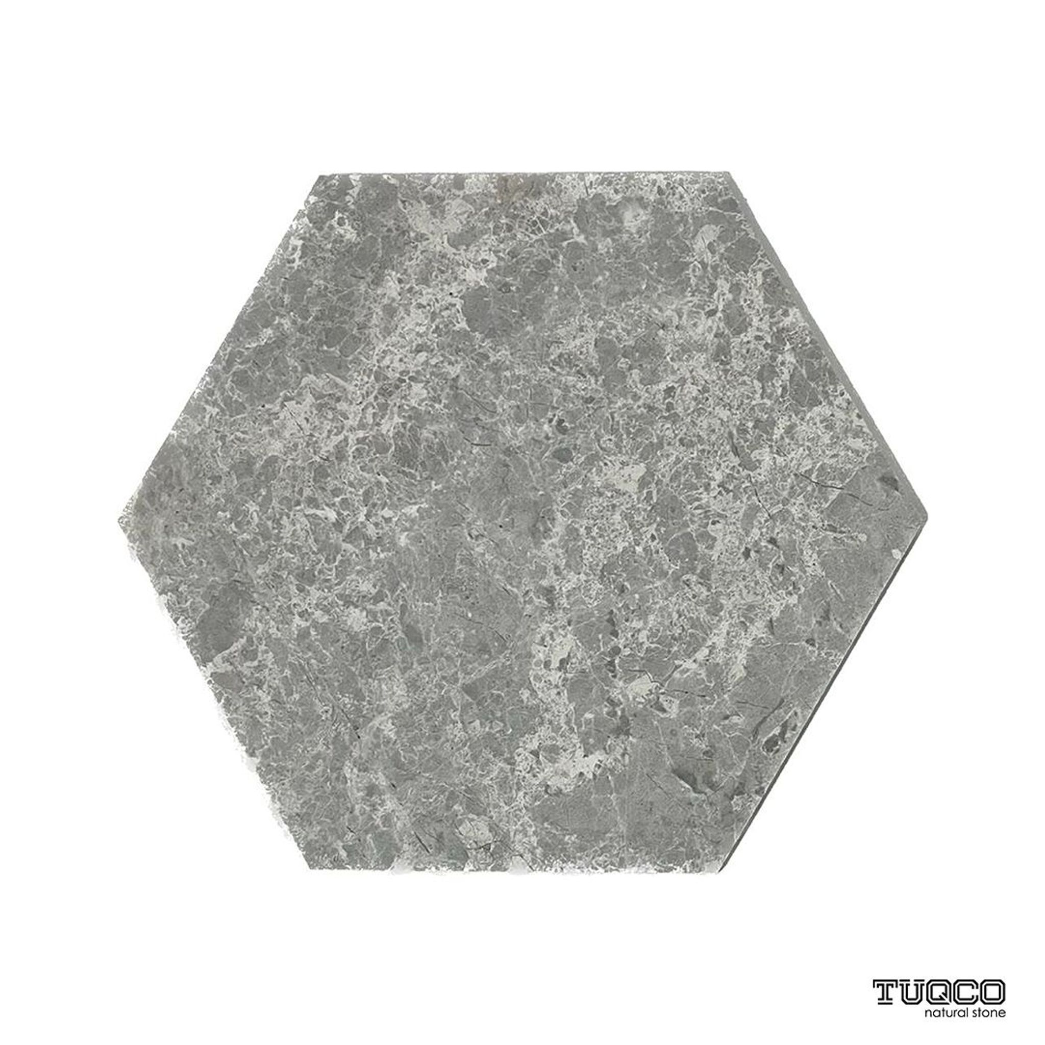 Honed Silver Shadow marble hexagon tile in storm grey with spiderweb calcite veining