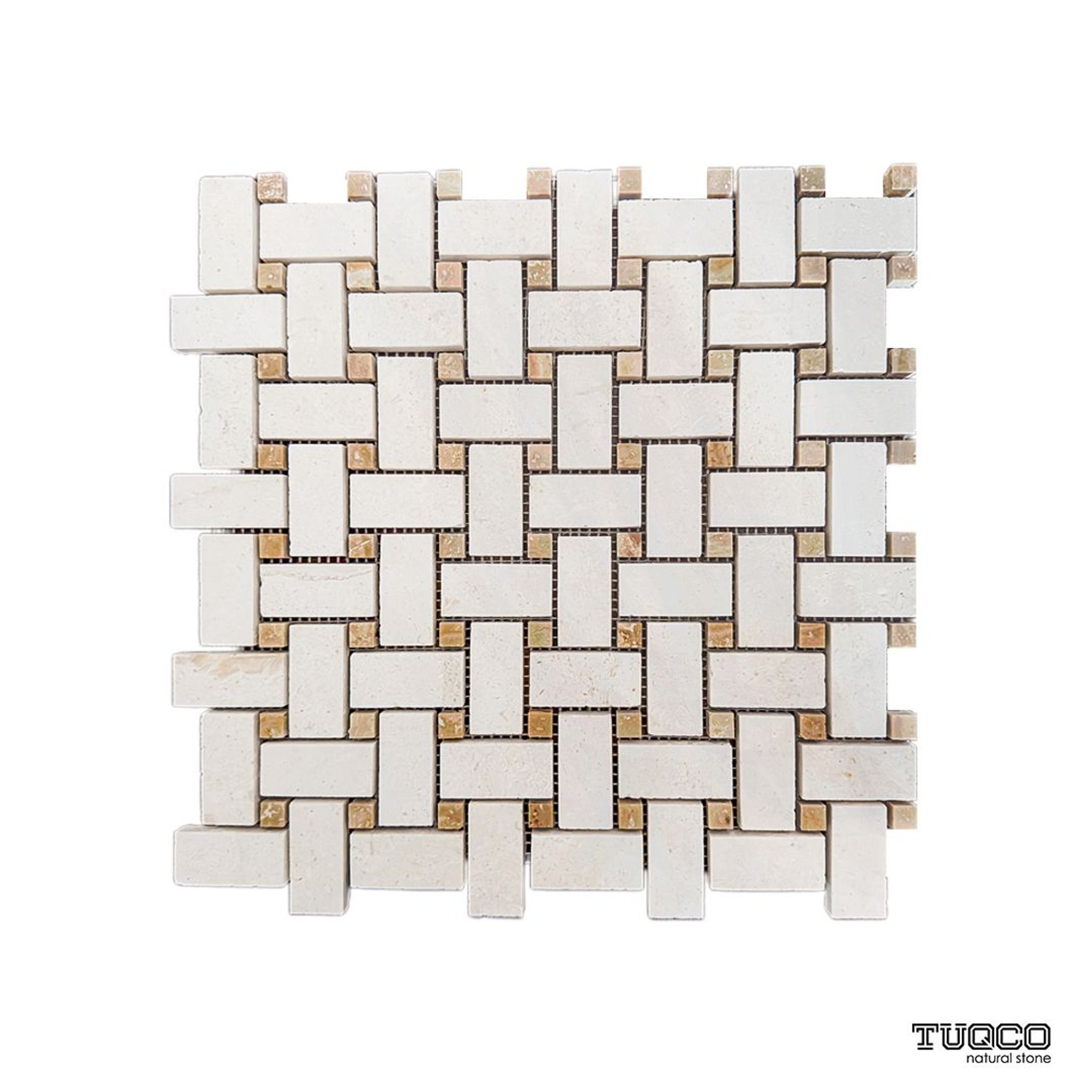 Honed Shellstone limestone basket-weave mosaic tile in cream and ivory with tan dots