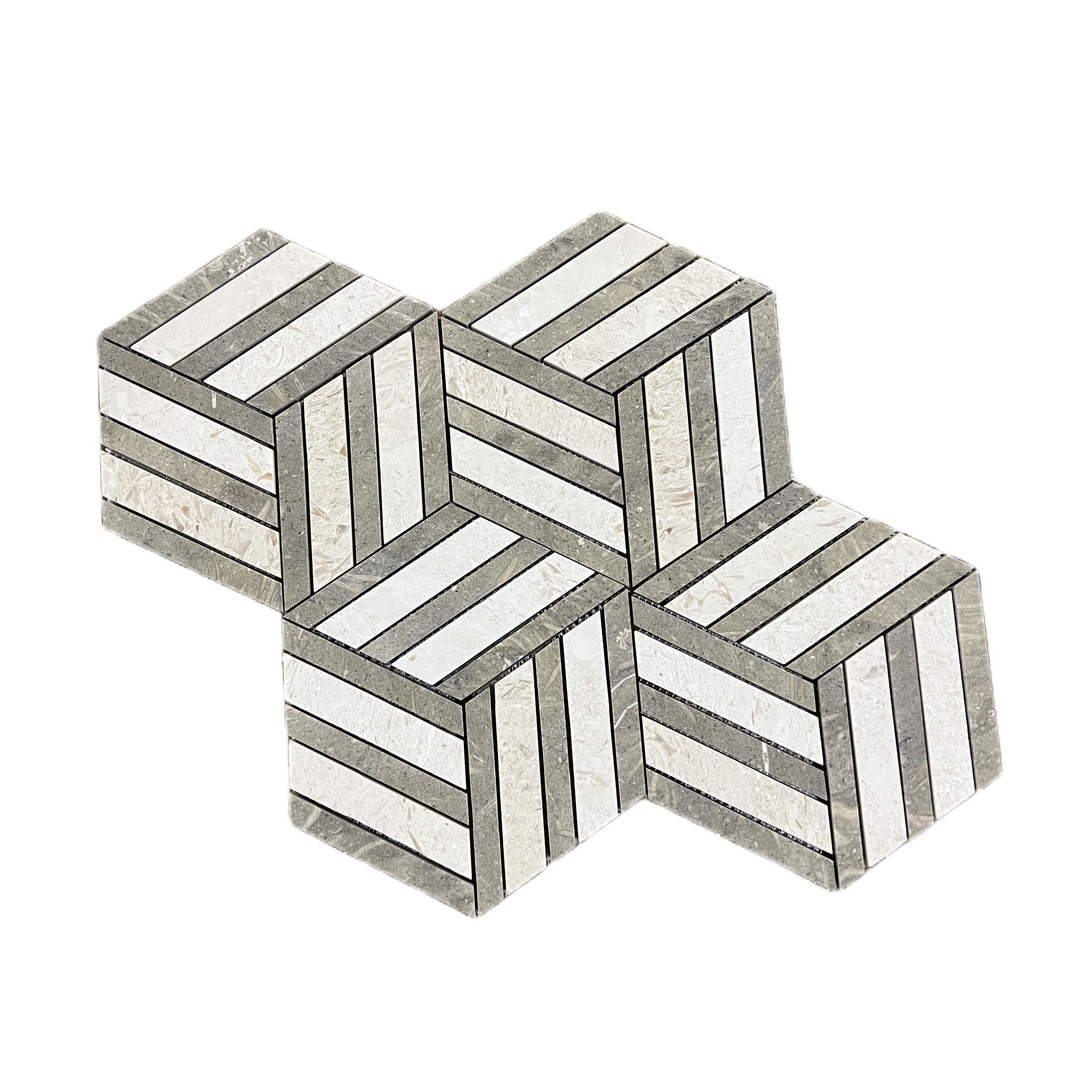 Honed creamy beige and rustic green limestone split hexagon mosaic tile with cubic illusion