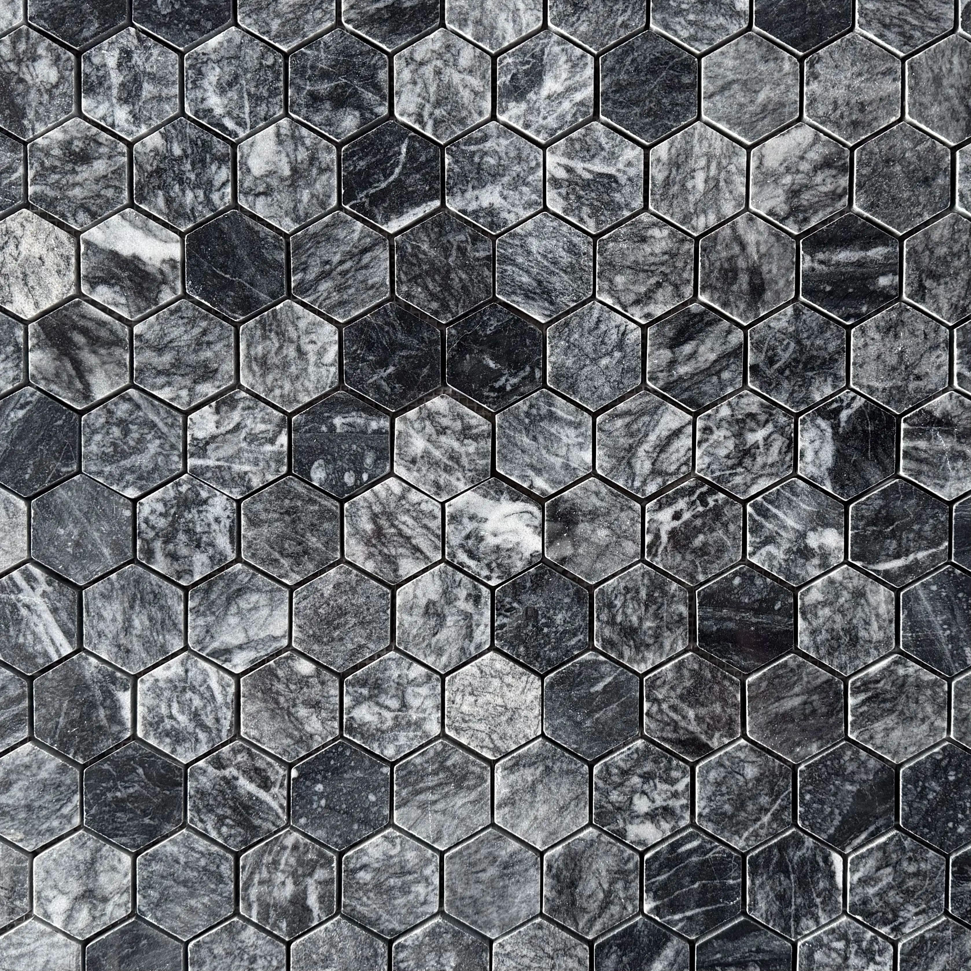 Polished Platinum Black marble hexagon mosaic tile, obsidian with white calcite veining thumbnail 3