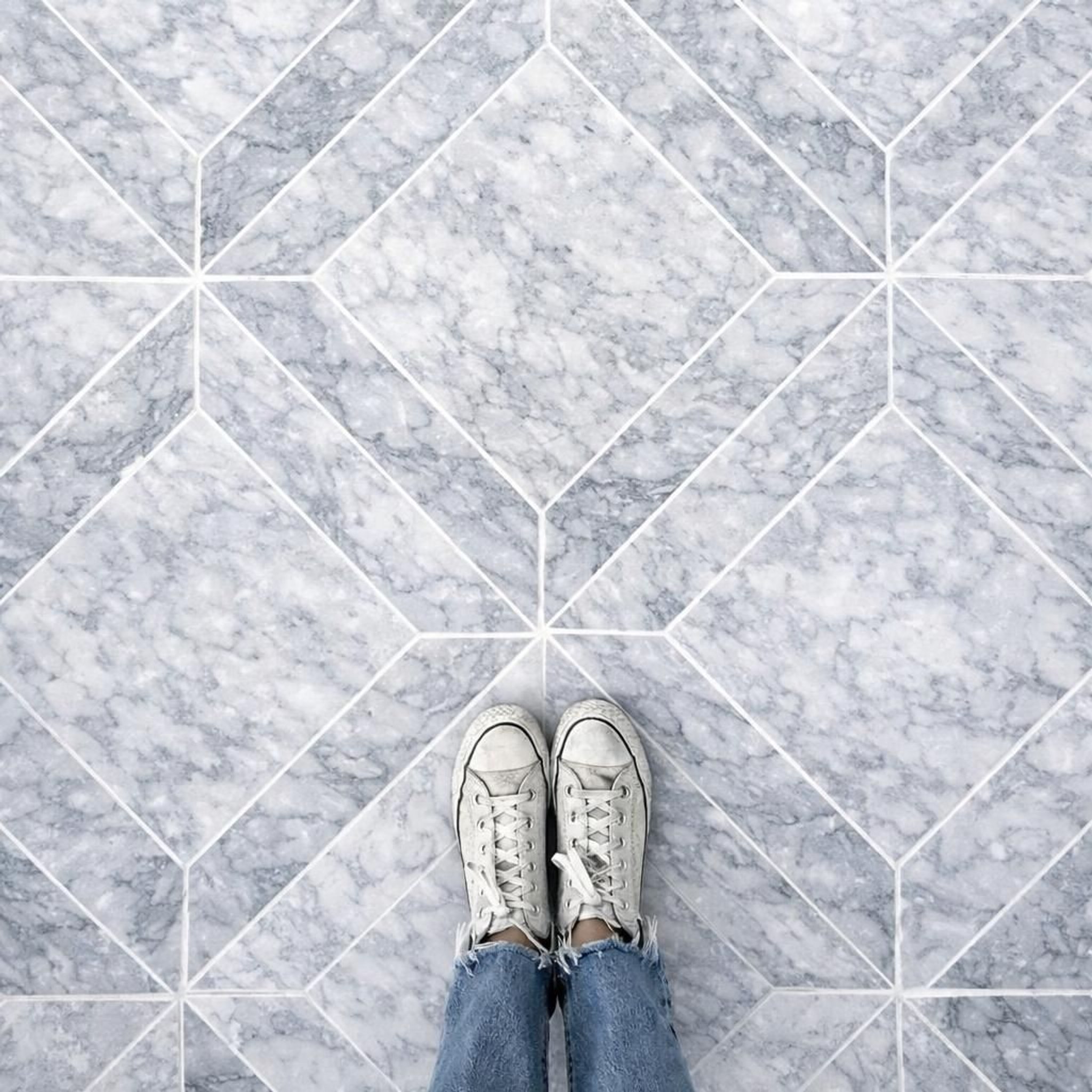 Honed Platinum Grey marble window tile, steel grey with framed diamond pattern
