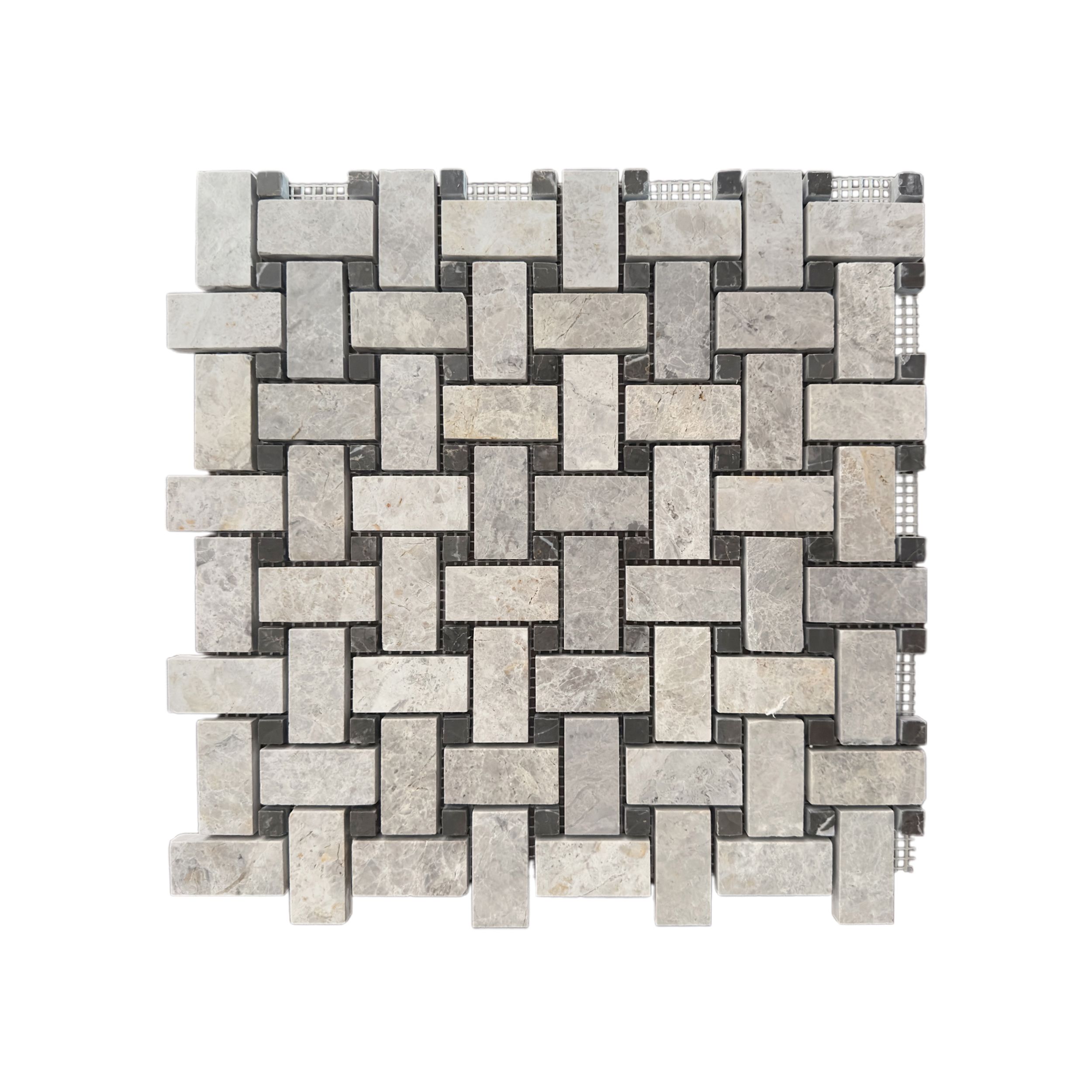 Polished Silver Shadow marble basket-weave mosaic tile in silver and dove grey with dark dots