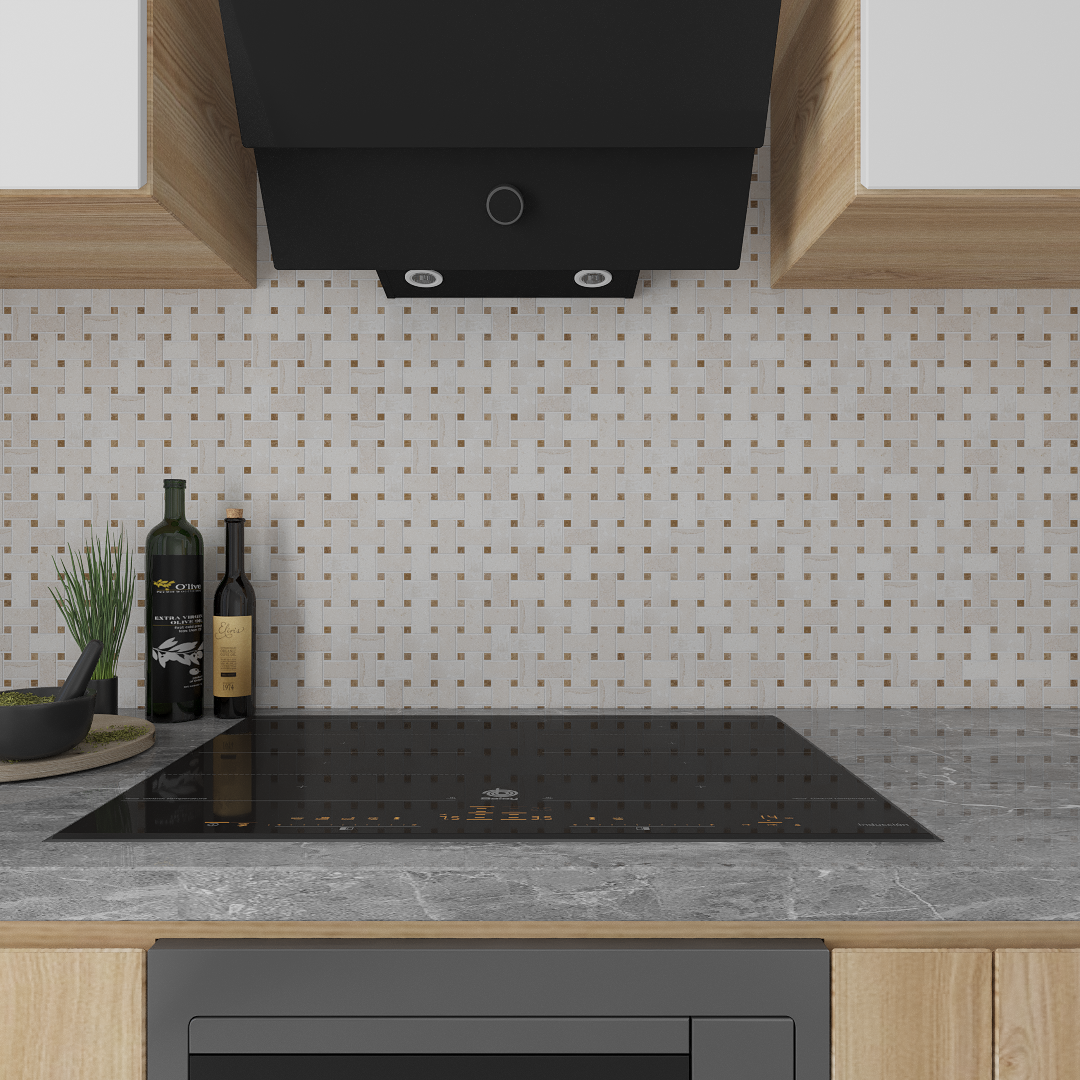 Honed Shellstone limestone basket-weave mosaic tile in cream and ivory with tan dots thumbnail 2