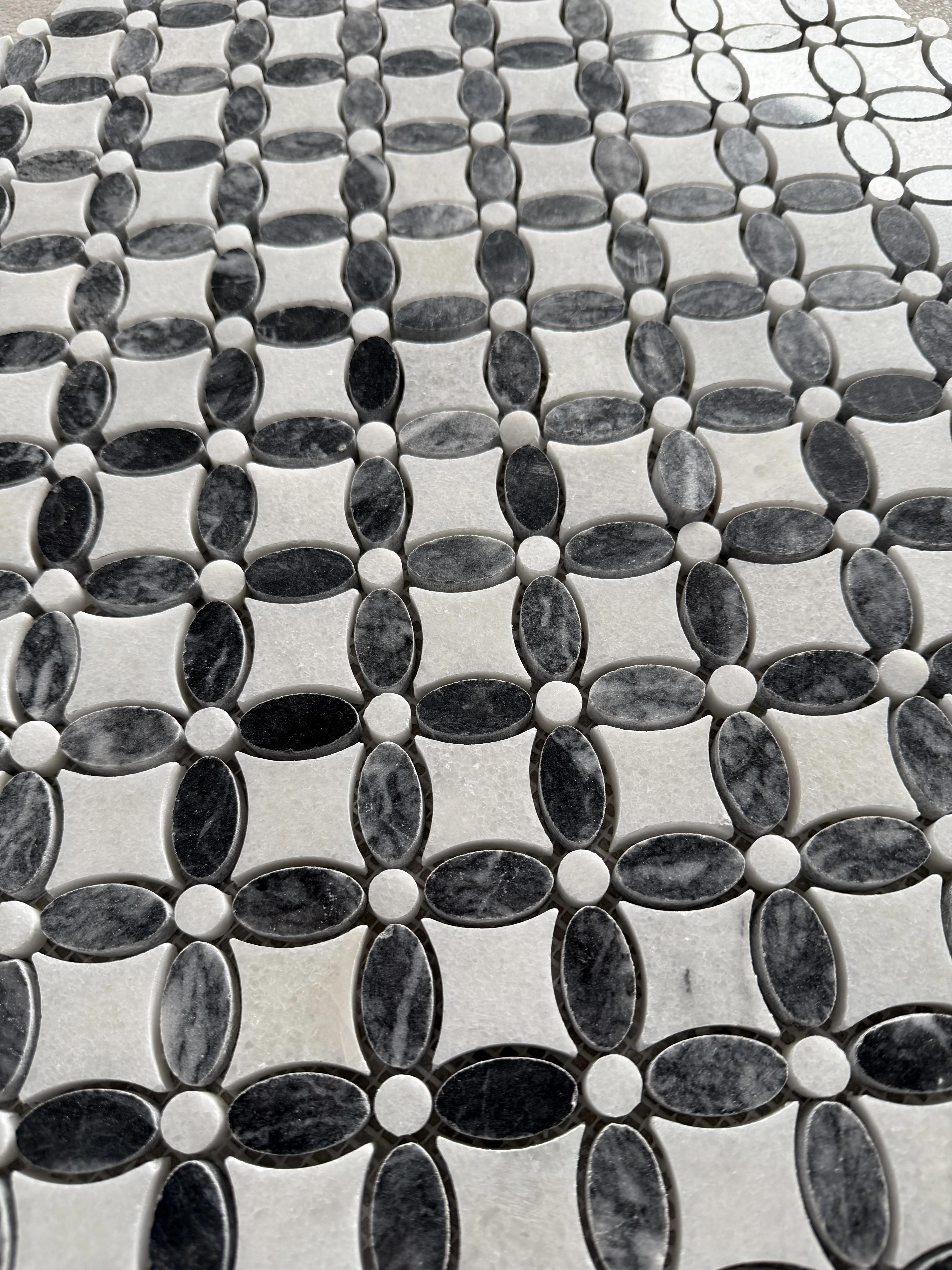 Polished Carrara white and Platinum Black marble flower mosaic tile, black petals with white accents thumbnail 3
