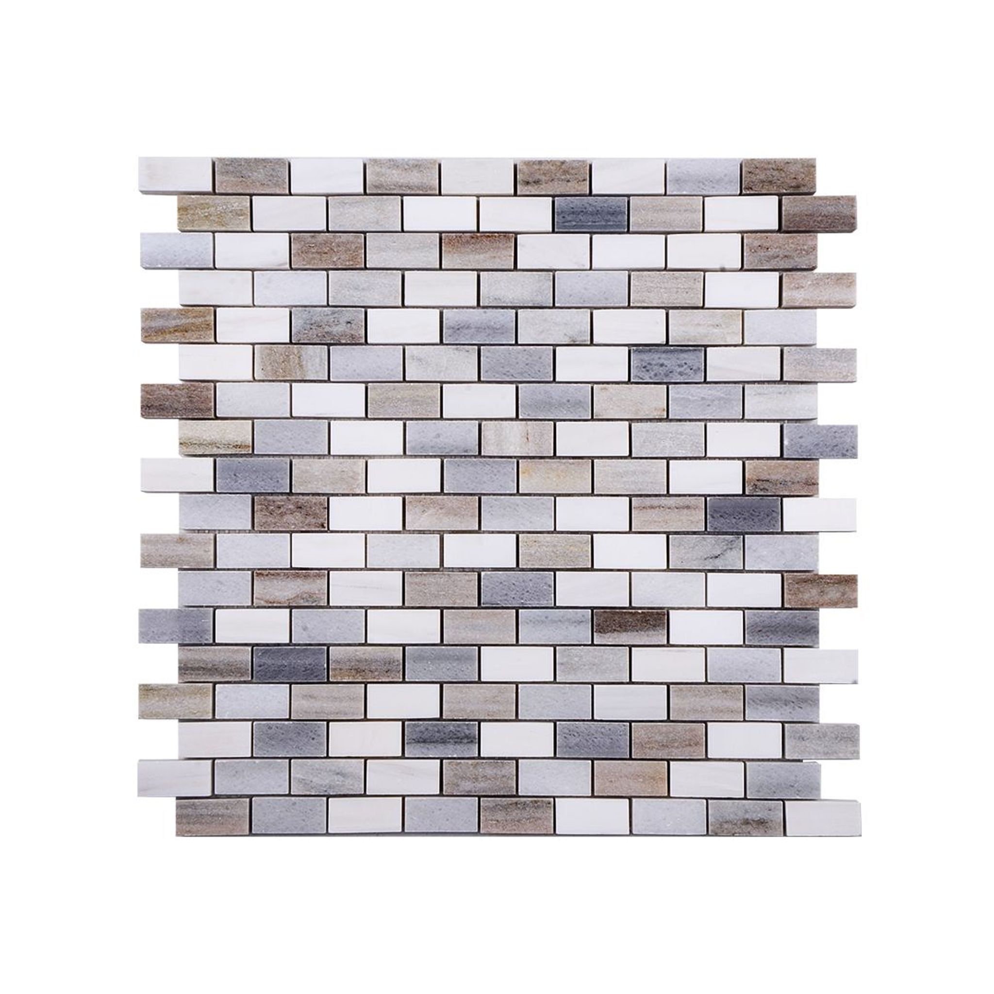 Polished mixed marble brick mosaic tile in white, grey and warm taupe