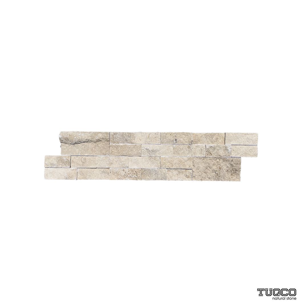 Classic travertine split-face ledger panel in warm honeyed and earthy tones