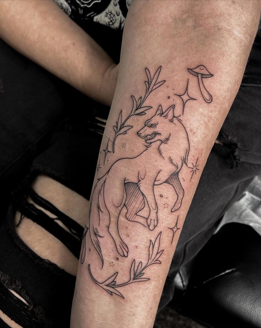 Springender Fuchs mit Pilzen und Sternen am Arm, Fineline, von Melinda Dür