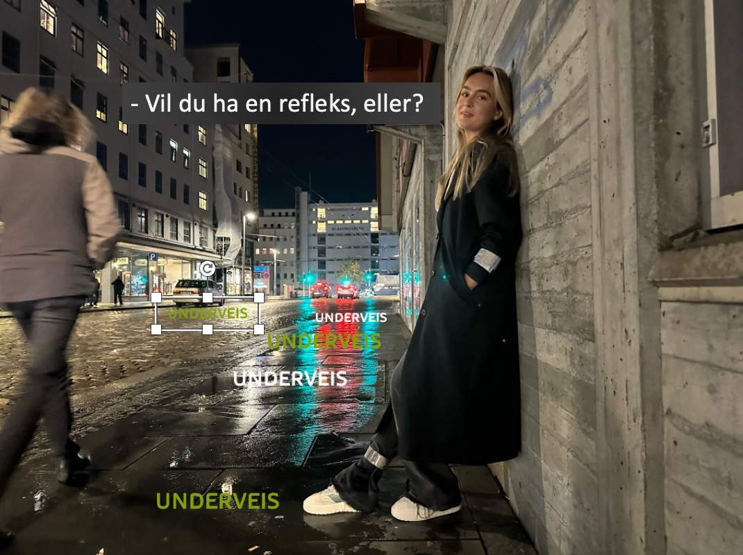 Person som lener seg inntil en vegg med teksten "Vil du ha en refleks, eller?"