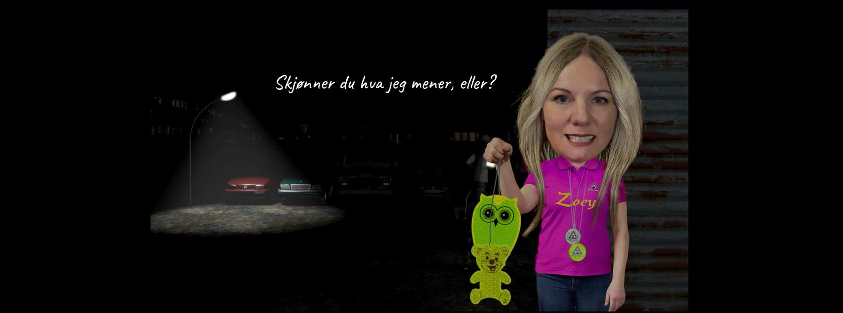 Animasjon av kvinne som holder reflekser og har på refleksbrikker