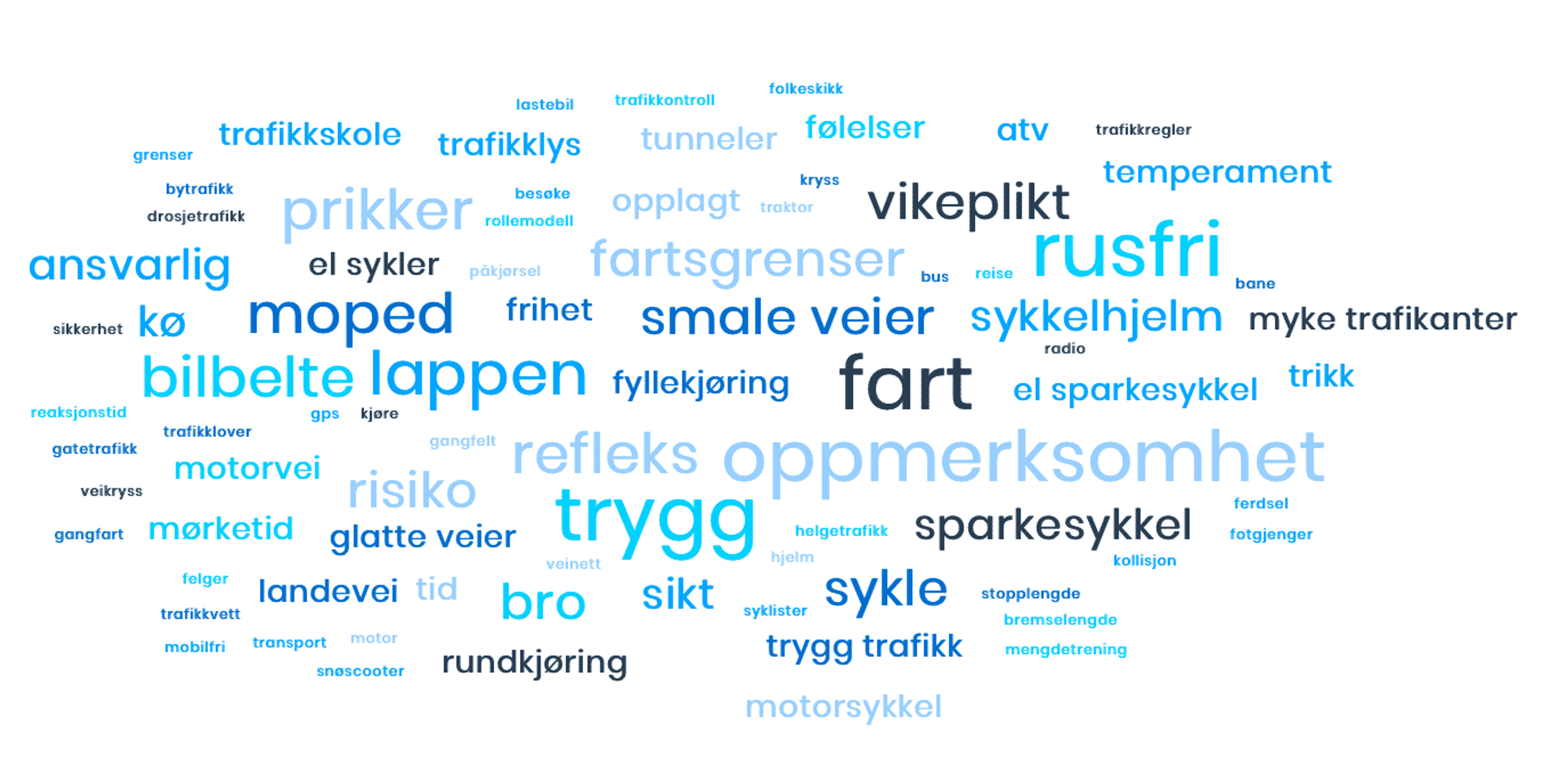 Ordsky som blant annet inneholder ordene "fart", "trygg", "rusfri", "oppmerksomhet" og "lappen"