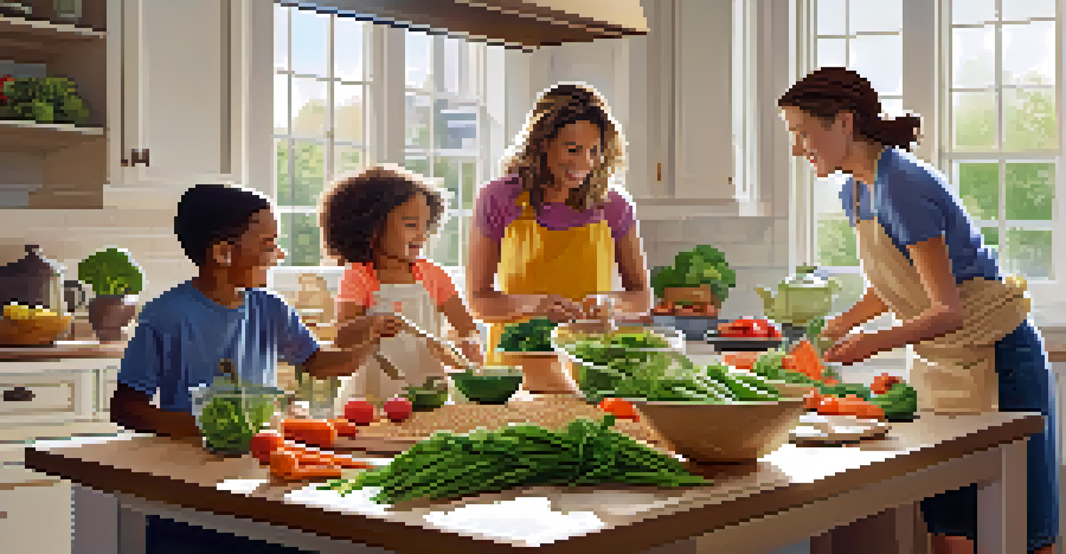 A family cooking healthy meals together in a bright kitchen.