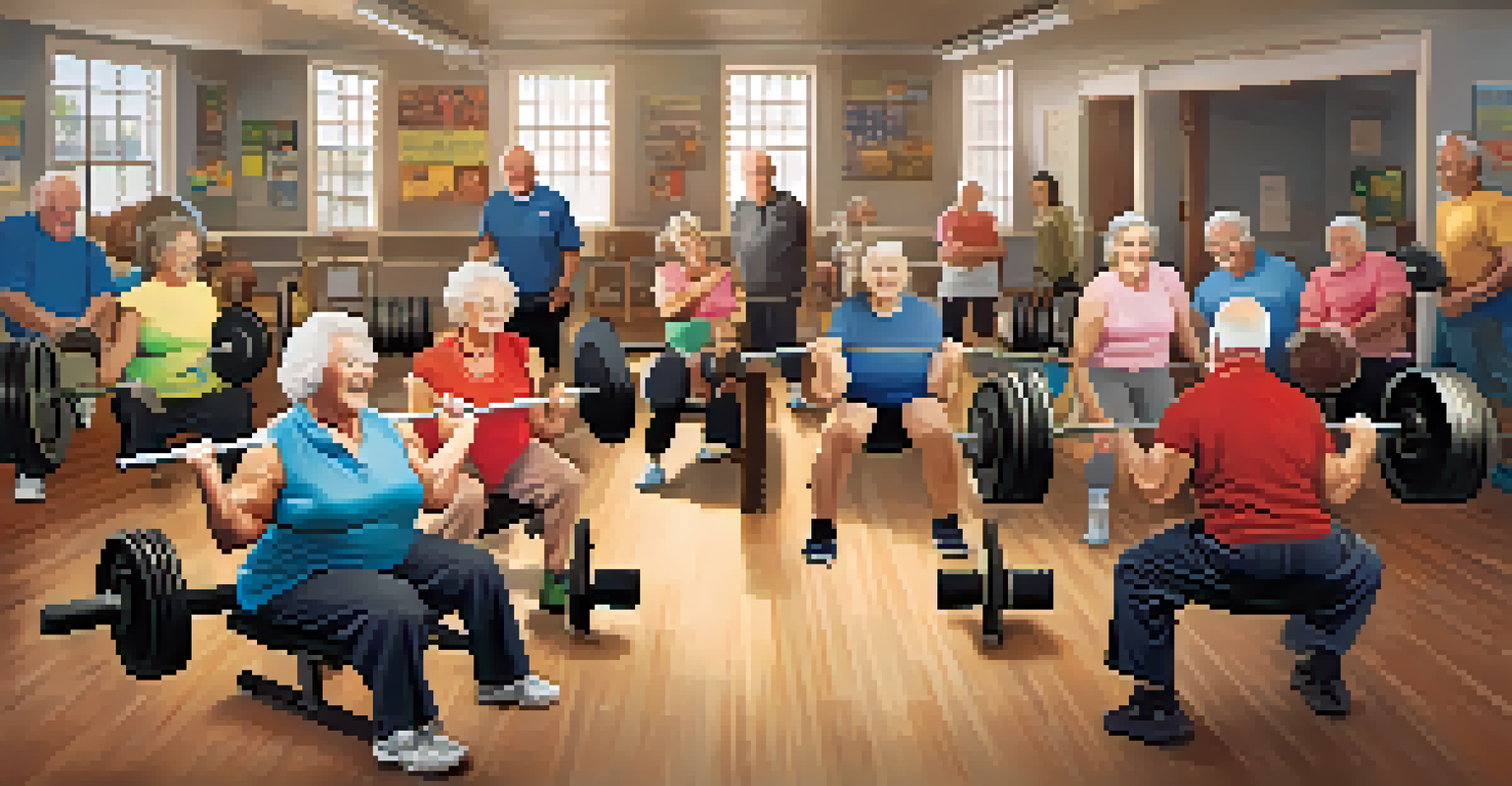 A group of senior adults lifting weights together in a community center, smiling and enjoying the class.