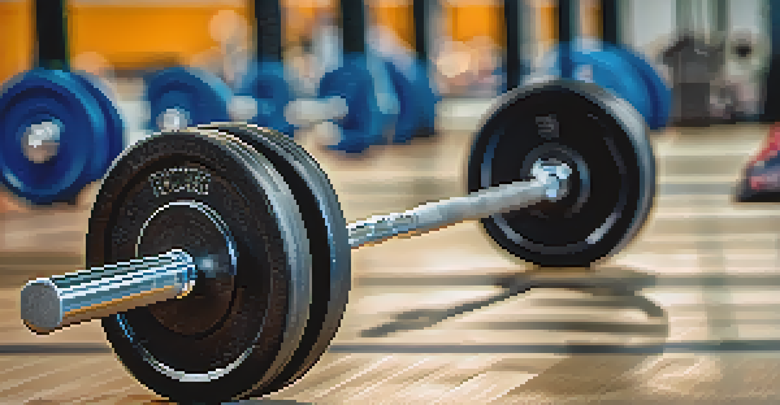 A close-up of a powerlifting barbell on the gym floor, showcasing its details and the lively atmosphere of weightlifting in the background.