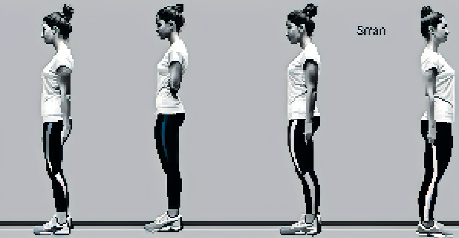 A side view illustration of proper squat technique, showing foot position, knee alignment, and body posture with arrows indicating movement.
