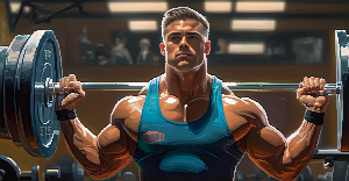A powerlifter in a gym, concentrating on lifting a barbell with friends cheering nearby.