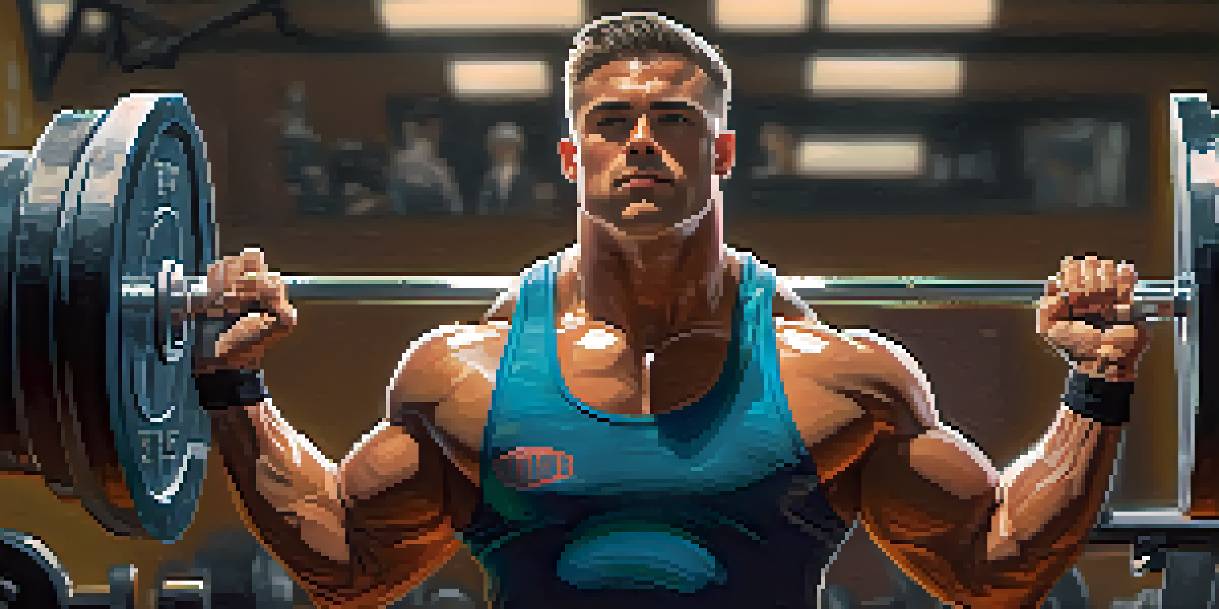 A powerlifter in a gym, concentrating on lifting a barbell with friends cheering nearby.