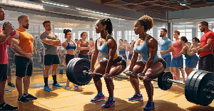 A diverse group of powerlifters in a gym, focusing on a strong woman squatting while peers cheer her on, with motivational posters in the background.