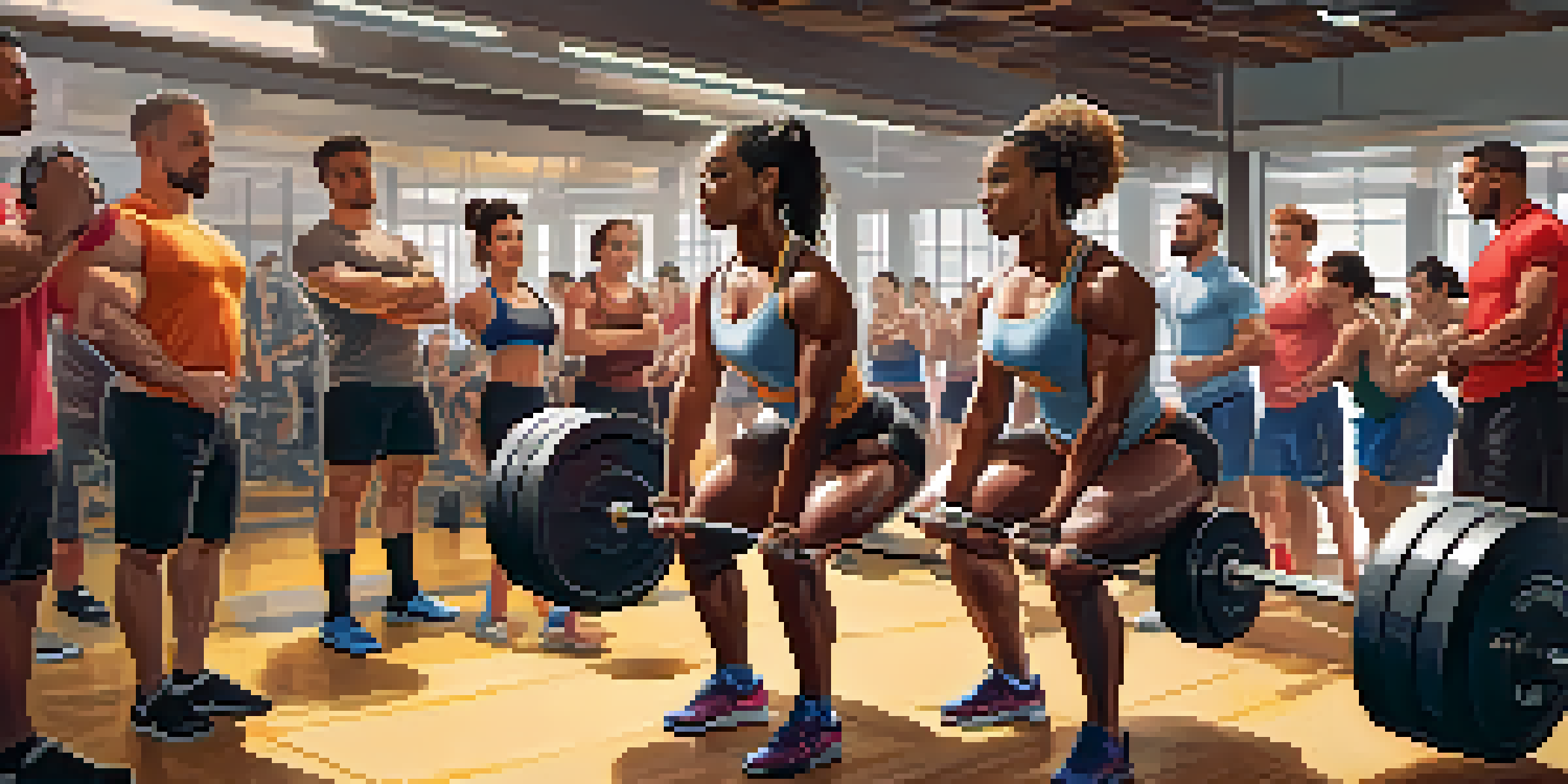 A diverse group of powerlifters in a gym, focusing on a strong woman squatting while peers cheer her on, with motivational posters in the background.