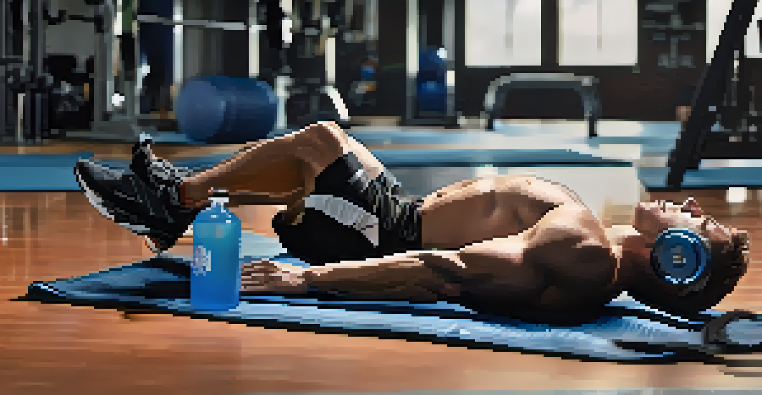 A powerlifting athlete relaxing on a mat while using a muscle recovery monitor, with a water bottle and towel nearby.