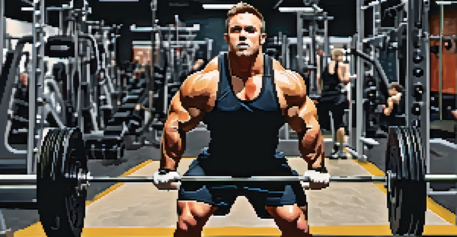 A powerlifter in an intense HIIT workout in a gym, displaying focus and effort with sweat visible.