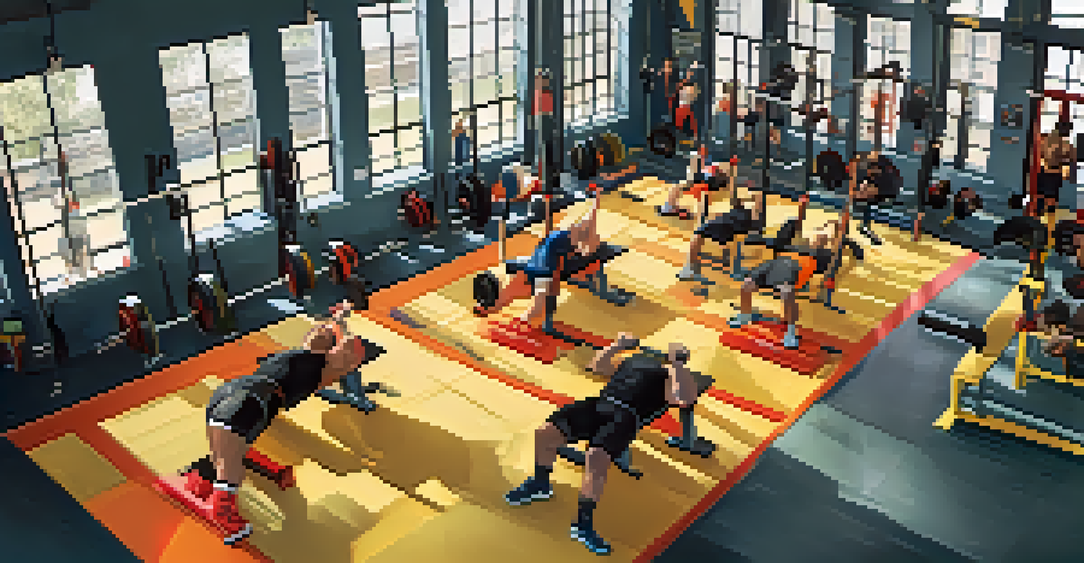 An overhead view of multiple powerlifters training in a gym, performing different lifts with weights.
