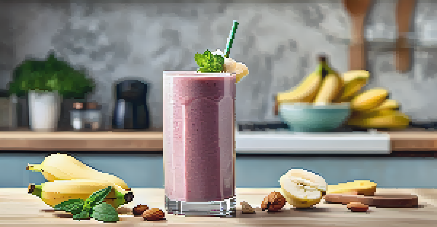 A close-up view of a fruit smoothie made with spinach and banana, garnished with a slice of banana on a marble countertop, representing a healthy lifestyle.