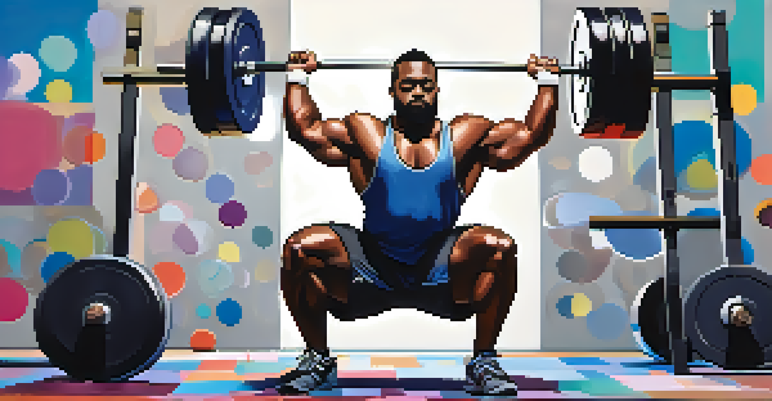 A powerlifter in a meditative pose with thought bubbles of successful lifts, set against a calming gradient background.