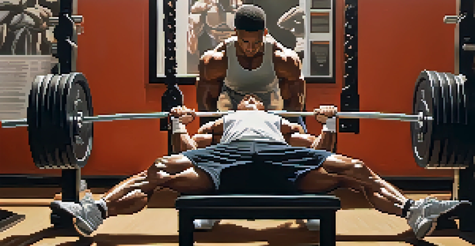 Close-up of a person doing bench press with proper form in a gym, focusing on body posture and equipment.