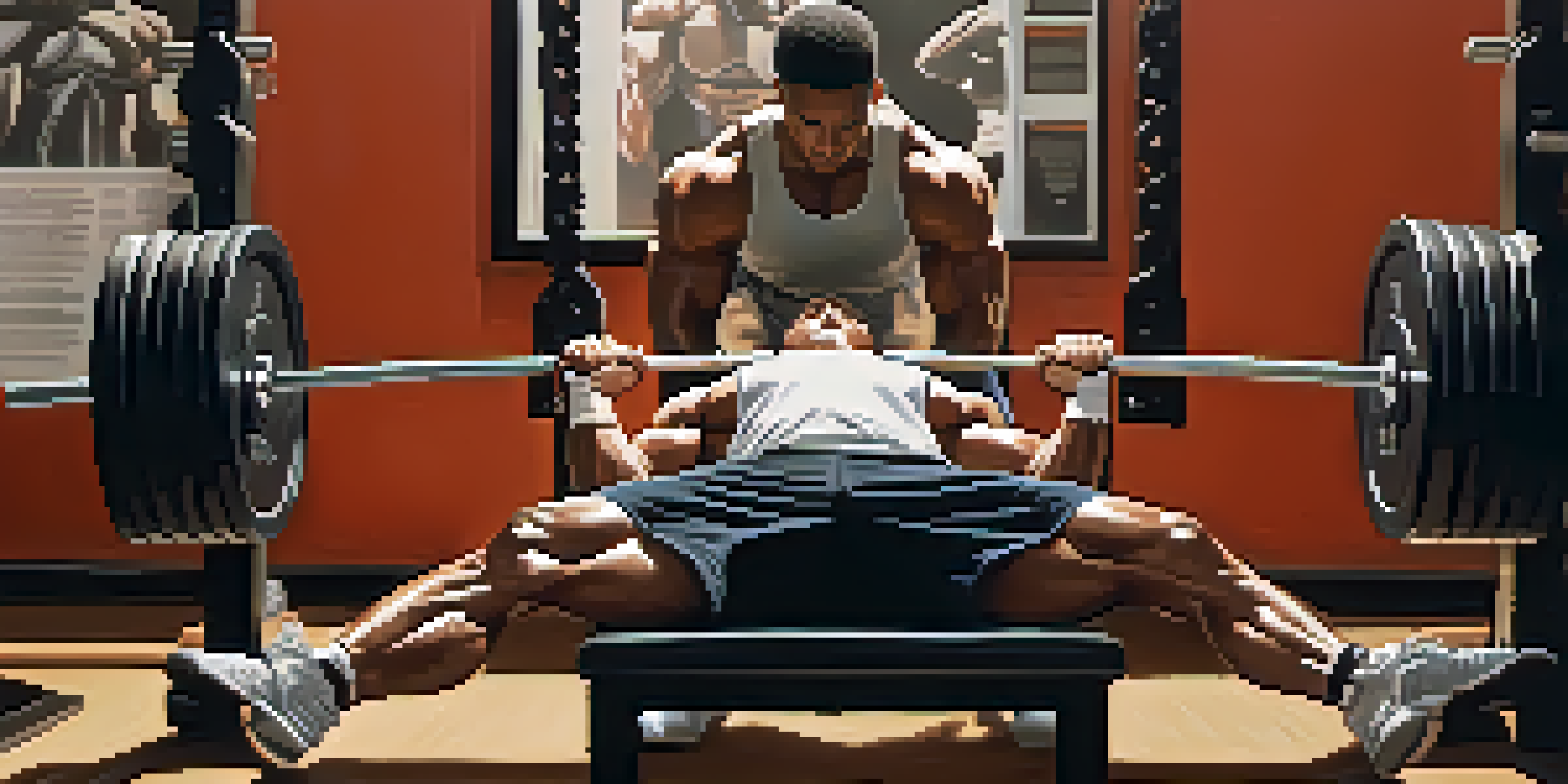 Close-up of a person doing bench press with proper form in a gym, focusing on body posture and equipment.