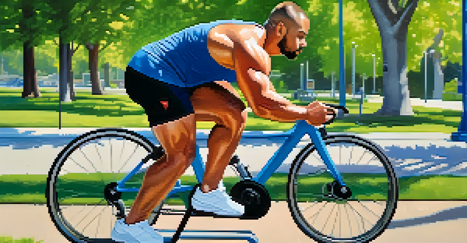 A powerlifter walking in a park, surrounded by green trees and a blue sky, dressed in workout clothes.