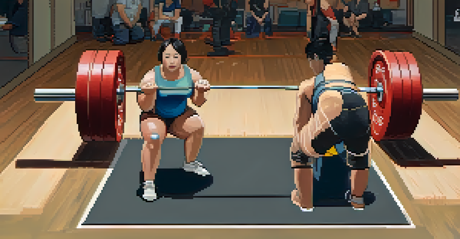 An overhead perspective of a powerlifter getting ready to perform a sumo deadlift, with a trainer in the background.