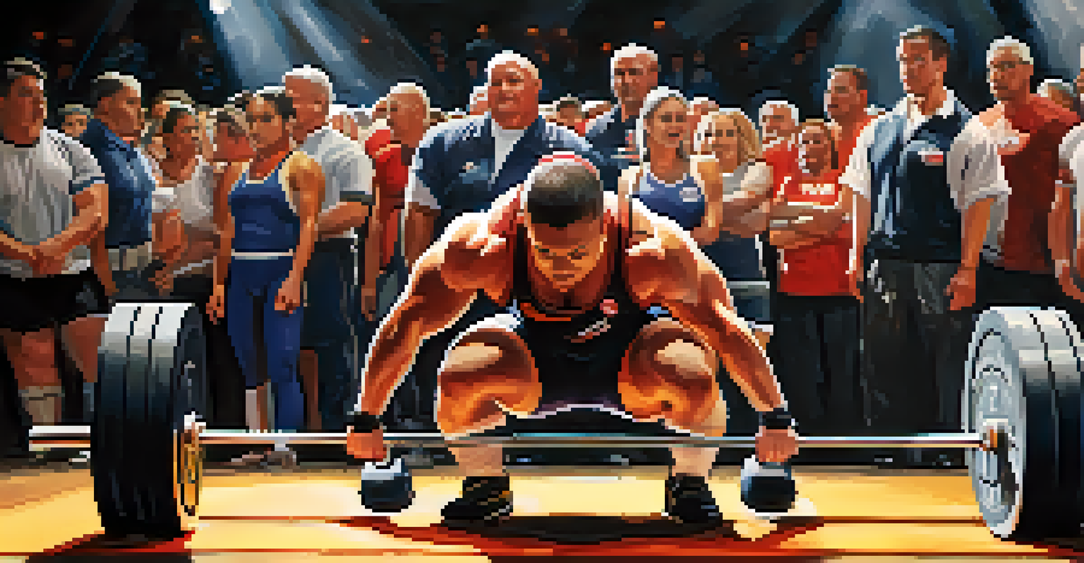 A powerlifting competition scene with a team cheering for their teammate attempting a heavy deadlift.
