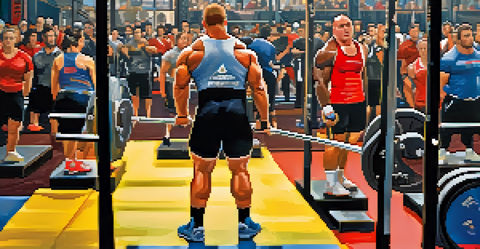 A close-up view of a powerlifting competition, showcasing the squat rack and focused competitors in a lively atmosphere.