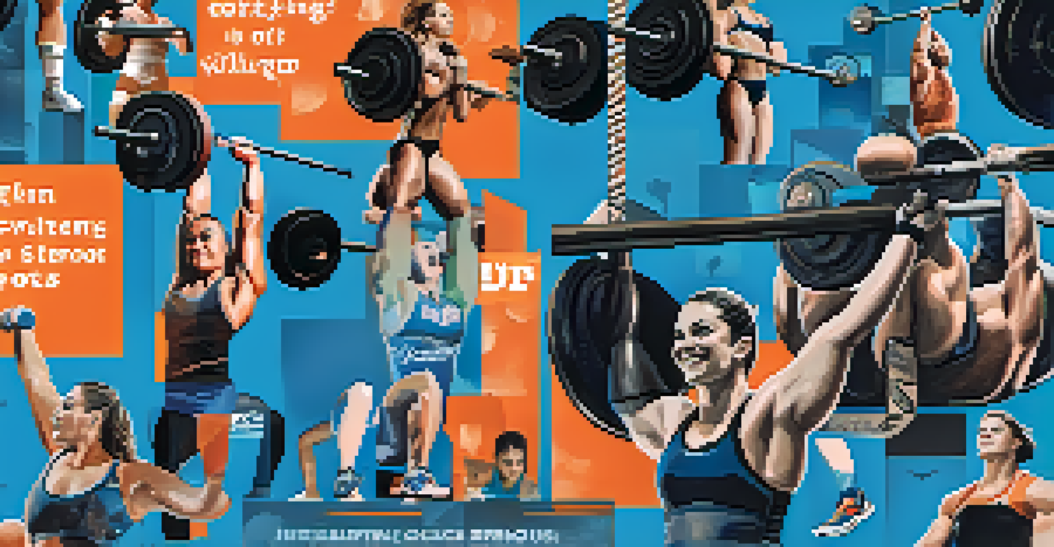 A colorful collage of social media posts showcasing powerlifting, including athletes lifting weights and motivational quotes.