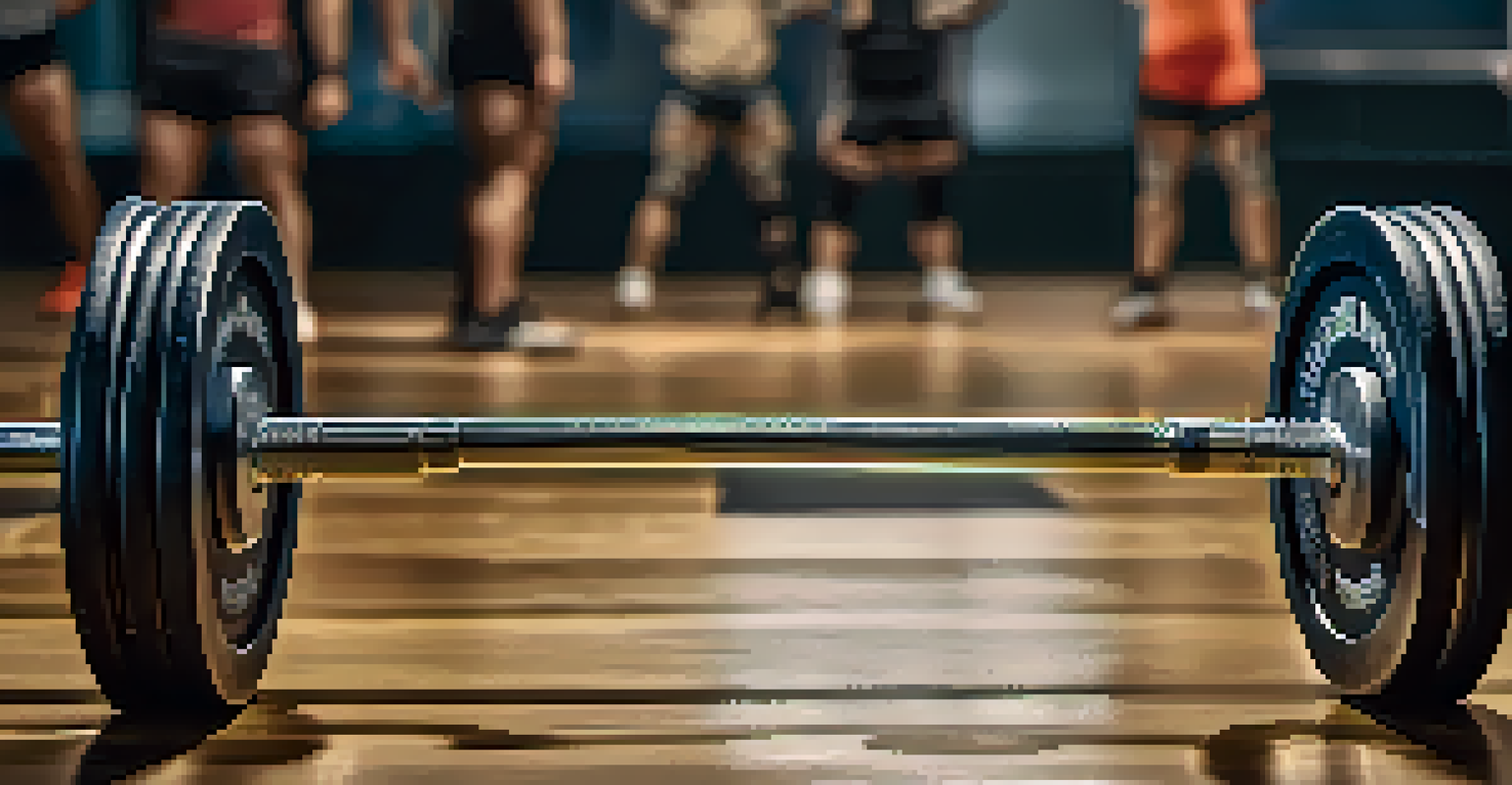 A close-up view of a barbell with weights on a gym floor, with chalk dust and blurred athletes in the background.