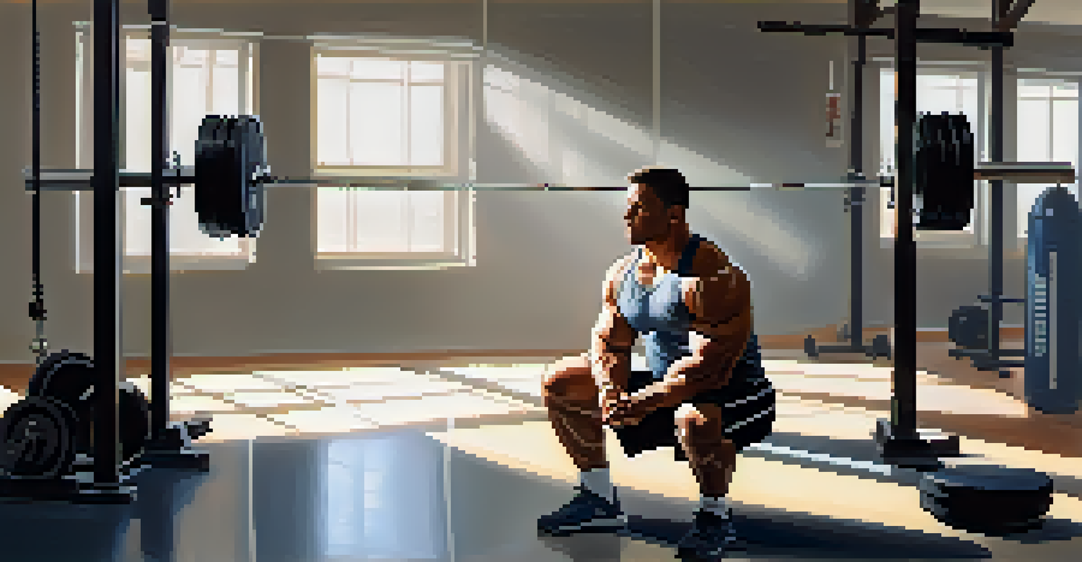 A powerlifter sits alone in a training area, eyes closed, practicing deep breathing under soft natural light, surrounded by weightlifting equipment, conveying a peaceful atmosphere.