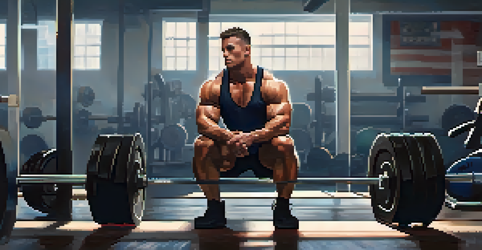 A muscular male powerlifter sitting on a bench, looking thoughtful after a deadlift, with weights in the background and warm light from a window.