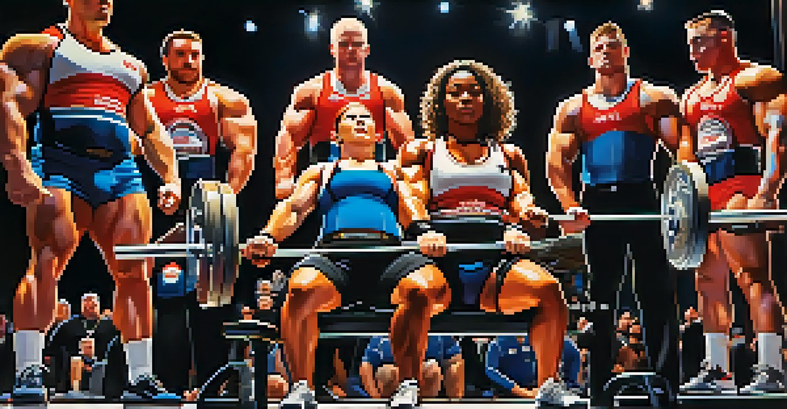 Three powerlifters competing in a bench press event on stage, showcasing their strength and determination under bright lights.