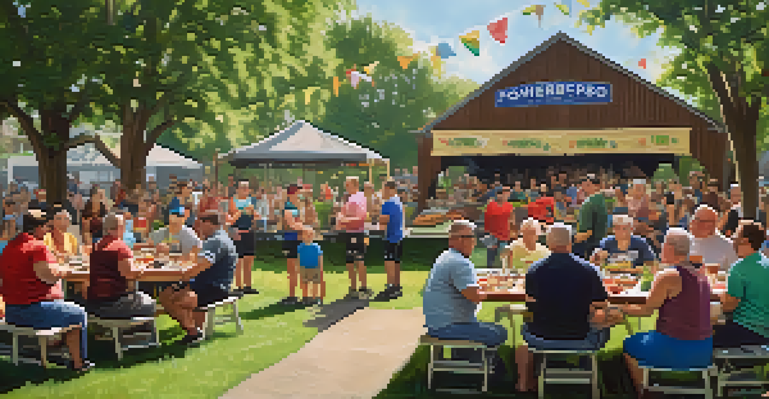 A friendly outdoor barbecue gathering of powerlifting community members, enjoying food and sharing stories.